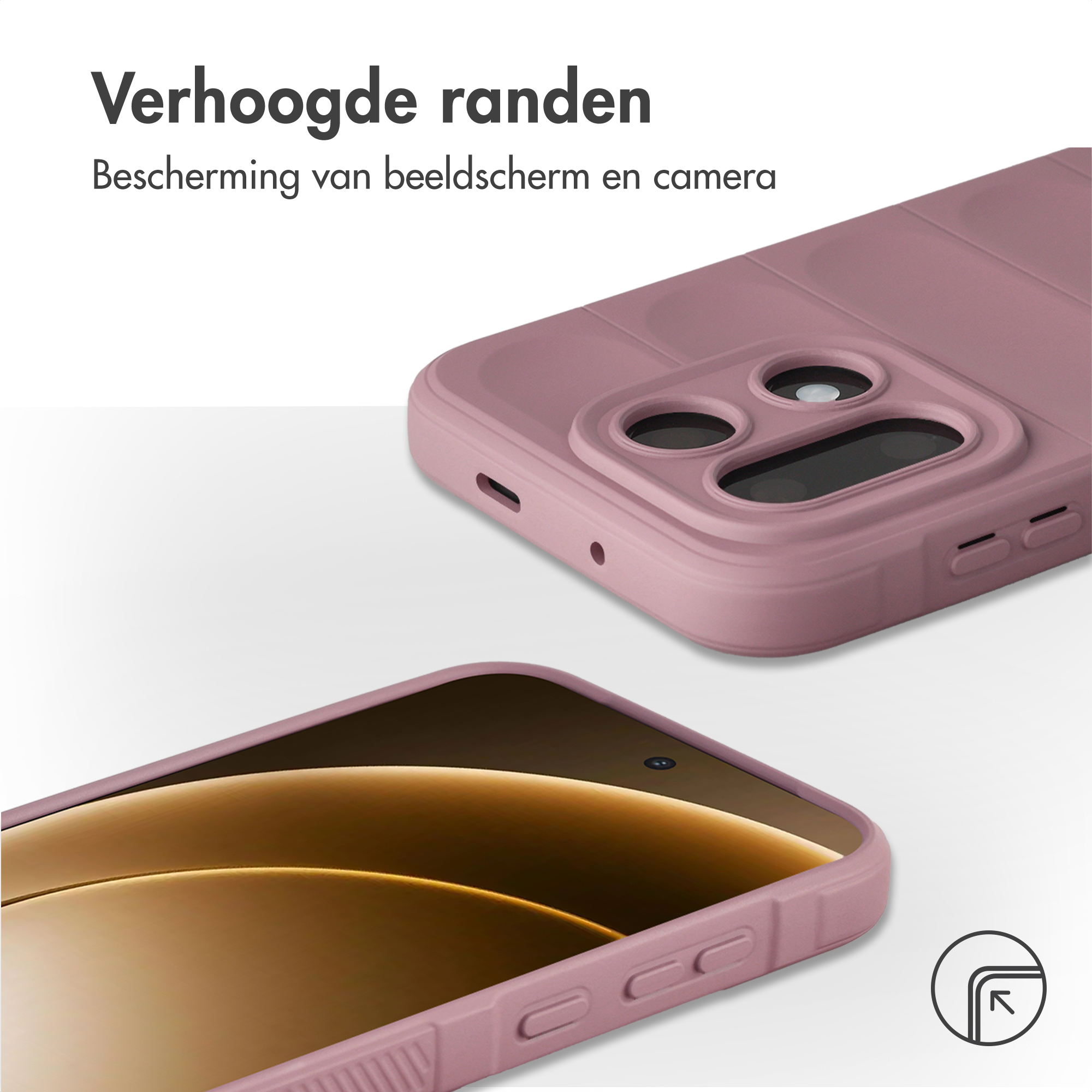 Een roze telefoonhoes met verhoogde randen ter bescherming van scherm en camera.
