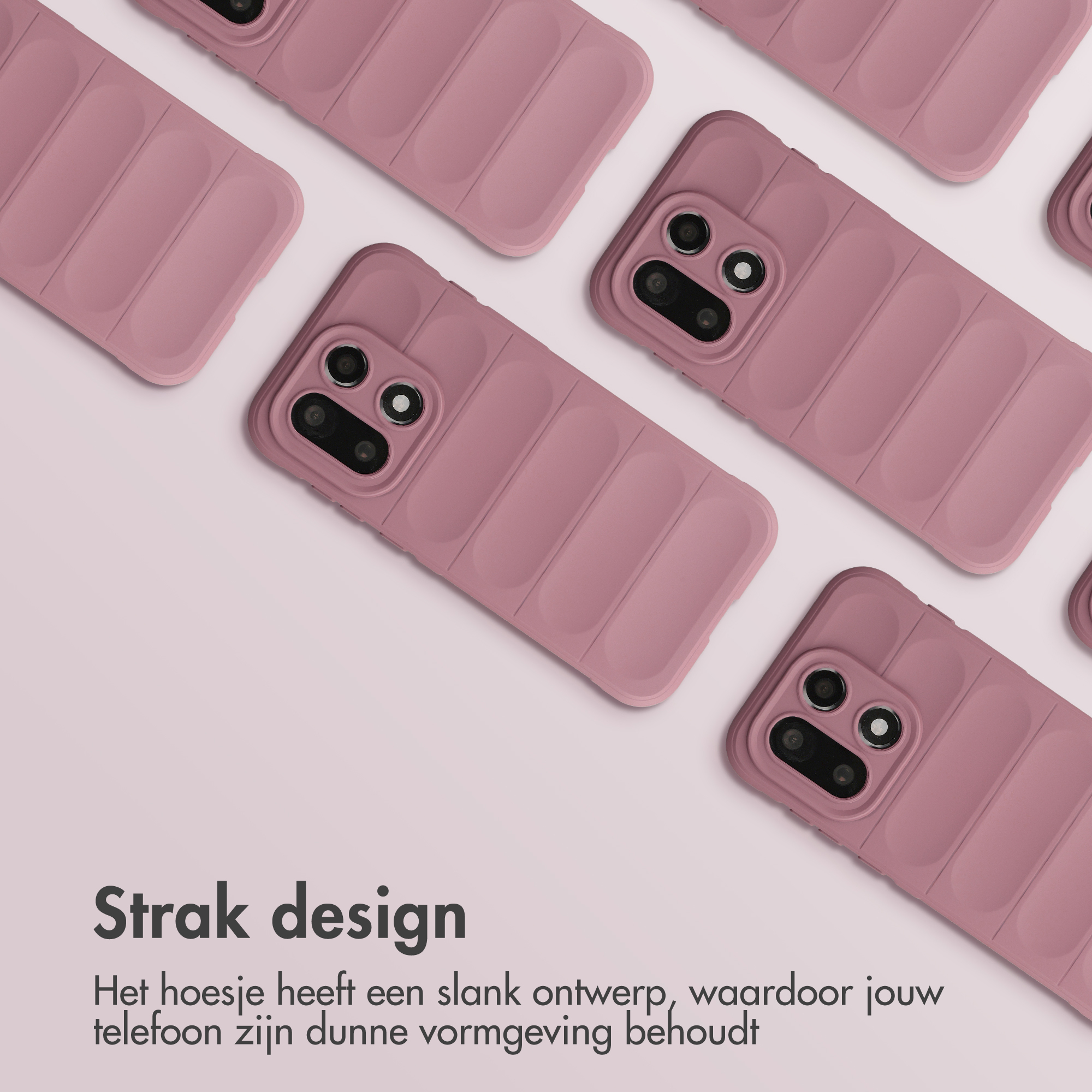 Meerdere roze telefoonhoesjes met ribbeldesign op een lichte achtergrond.