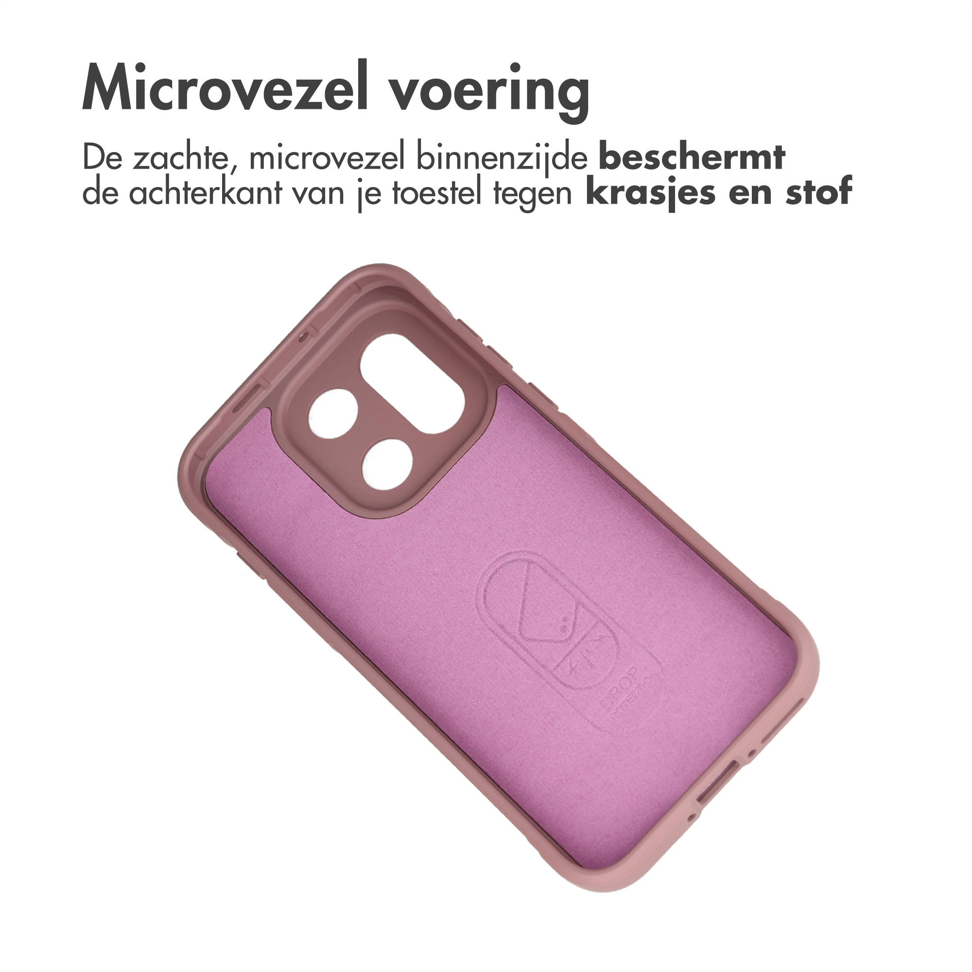 Roze telefoonhoes met microvezelvoering. Toont de binnenkant.