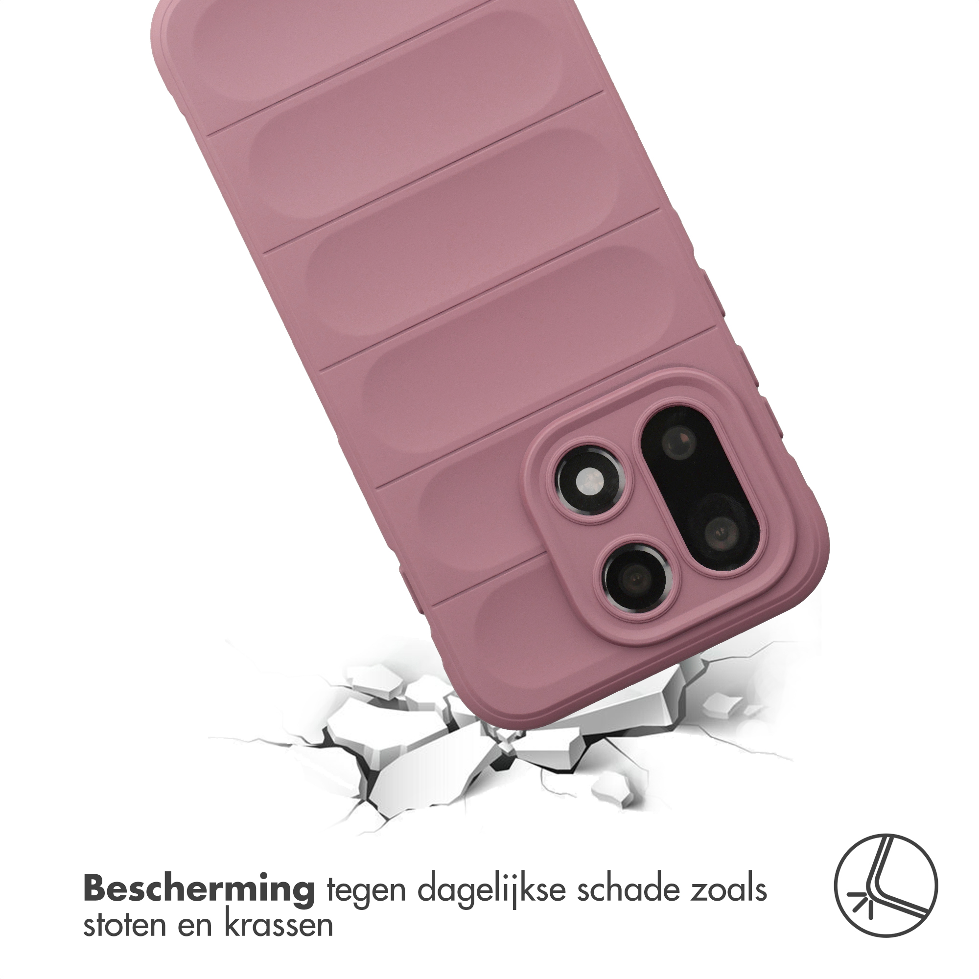 Een roze telefoonhoes op gebroken witte ondergrond. Cameralens zichtbaar.