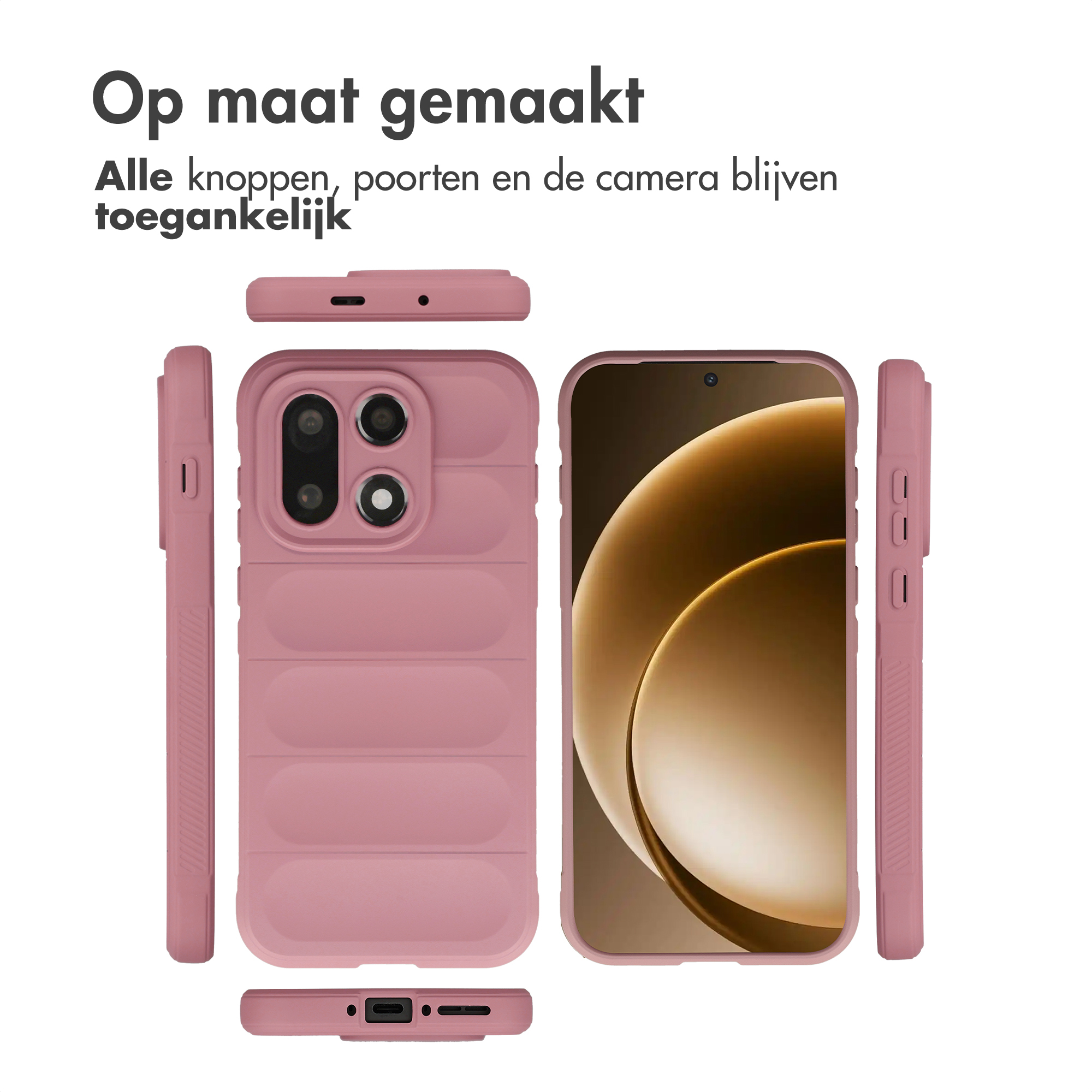 Roze telefoonhoes met camera-uitsparingen en knoppen. Telefoon binnenin.