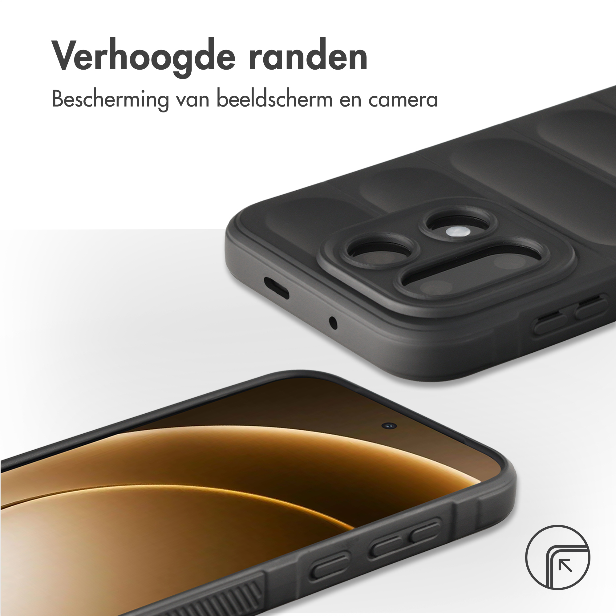 Zwarte telefoonhoes met verhoogde randen ter bescherming van scherm en camera.