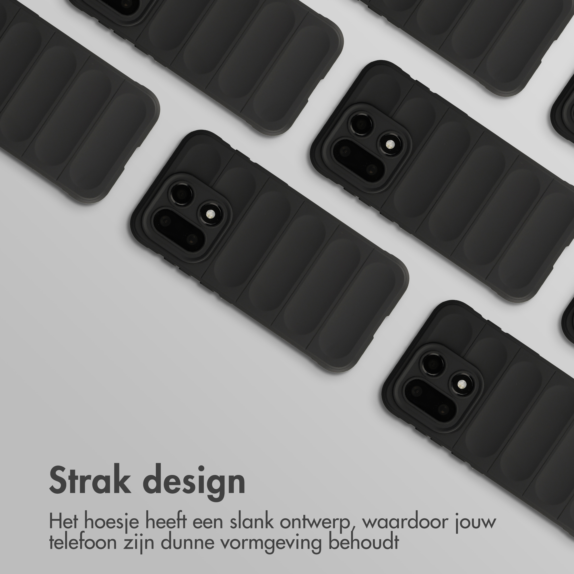 Meerdere zwarte telefoonhoesjes met ribbelpatroon op grijze achtergrond.