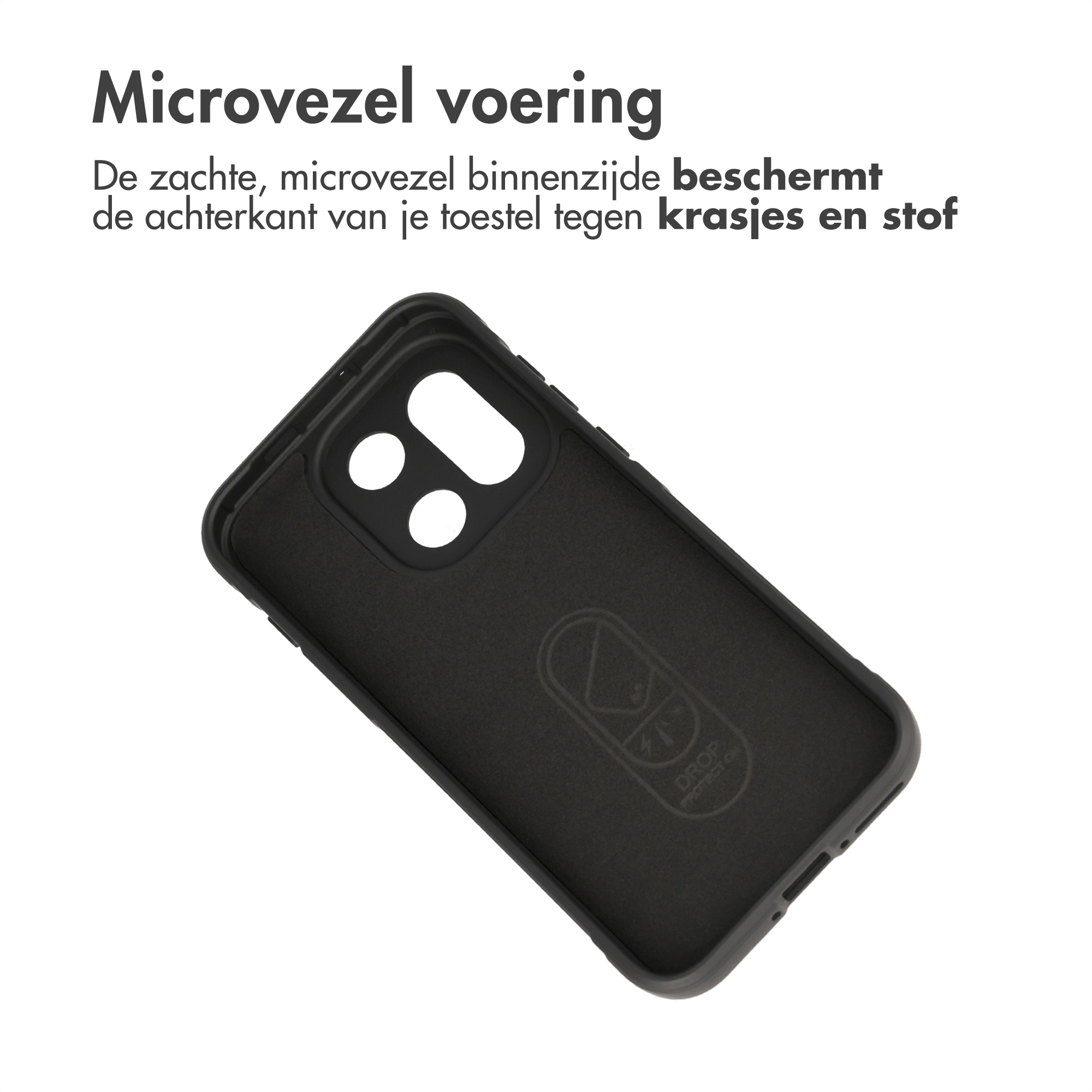 Zwarte telefoonhoes met microvezel voering en camera-uitsparing.