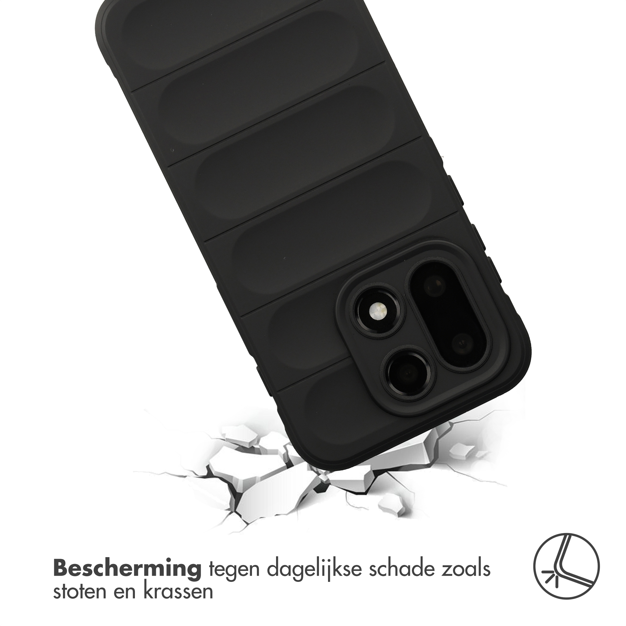 Zwarte telefoonhoes met ribbelontwerp op gebroken grond.