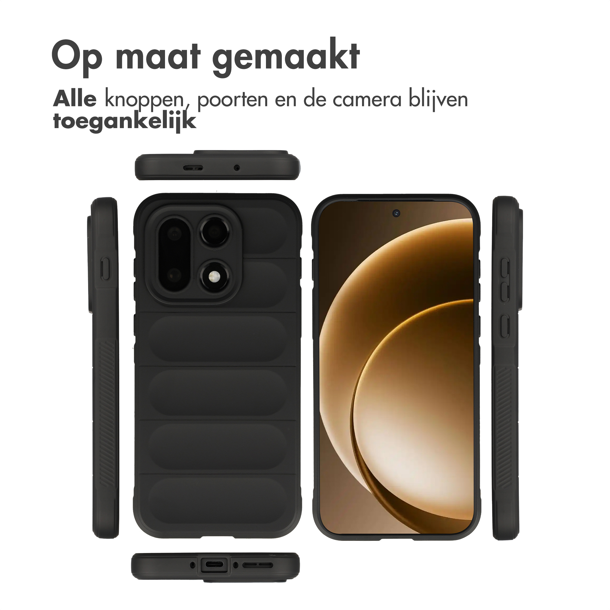 Zwarte telefoonhoes met uitsparingen voor knoppen en camera.