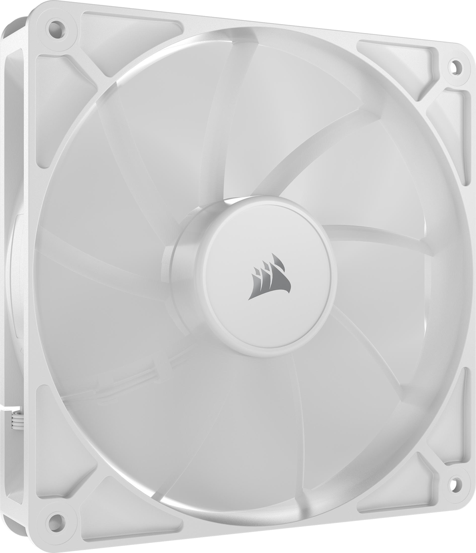 Een witte computer ventilator met grijze bladen en Corsair logo.