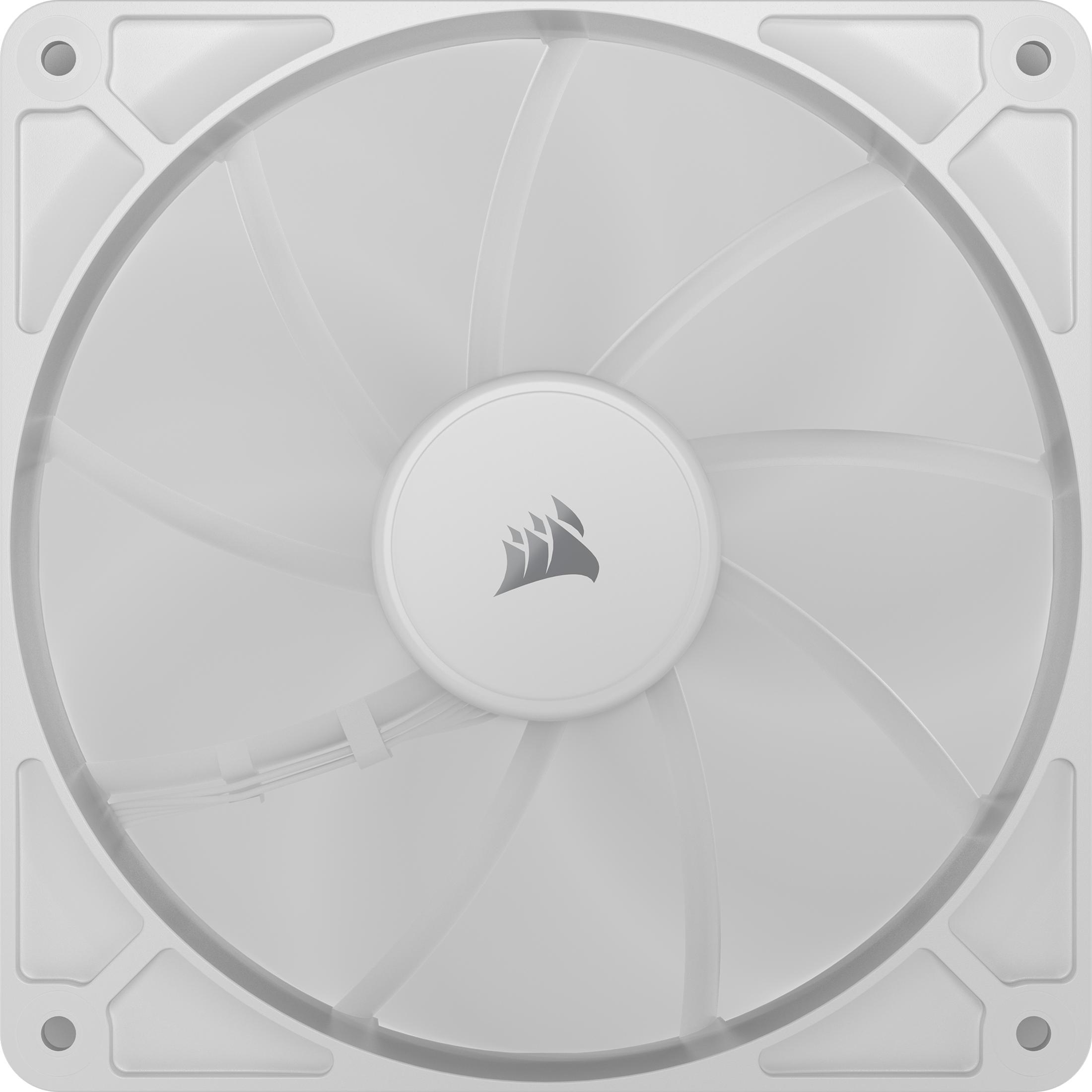 Een witte computer ventilator met negen bladen en een grijs logo in het midden.