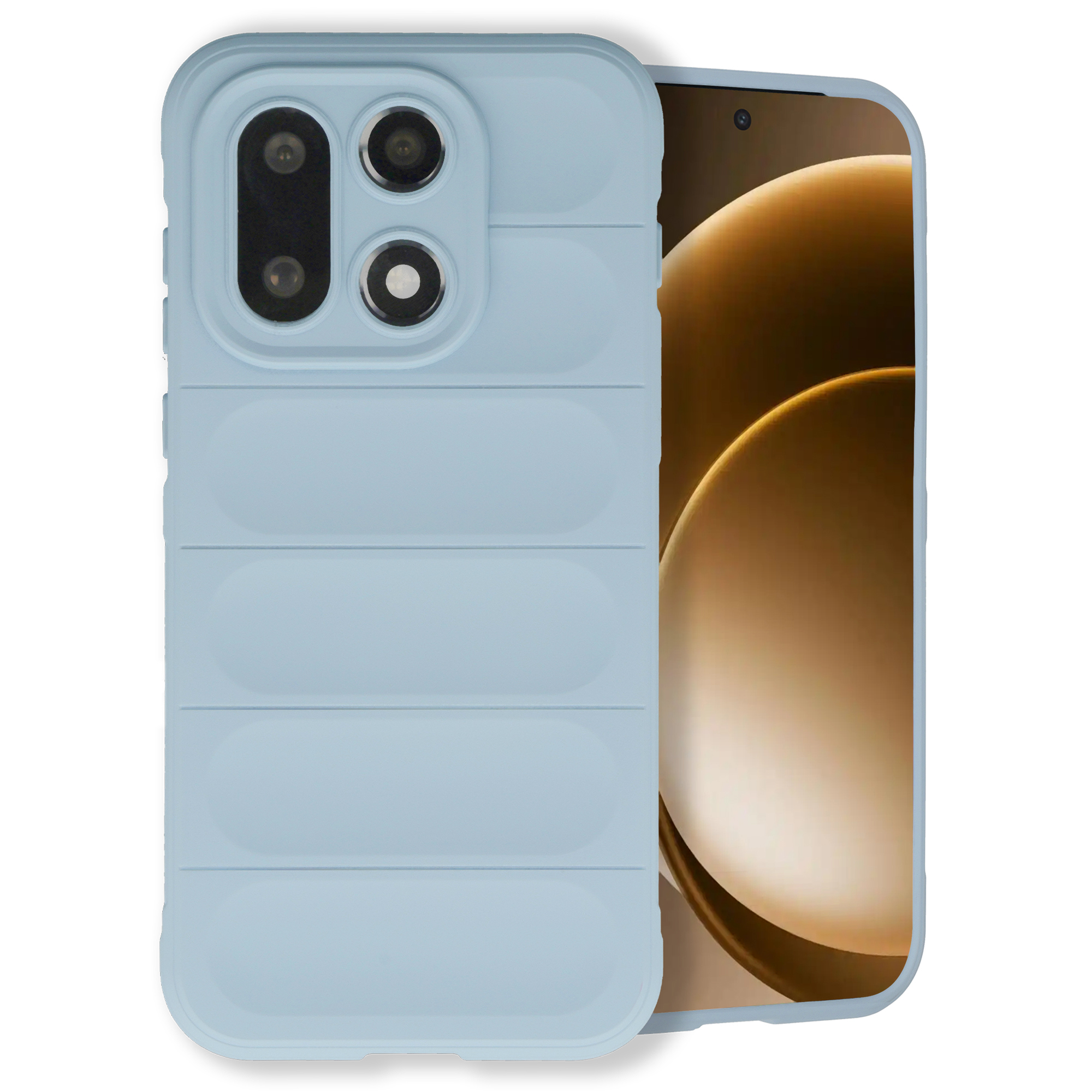 Lichtblauwe telefoonhoes met horizontale lijnen en drie cameralenzen.