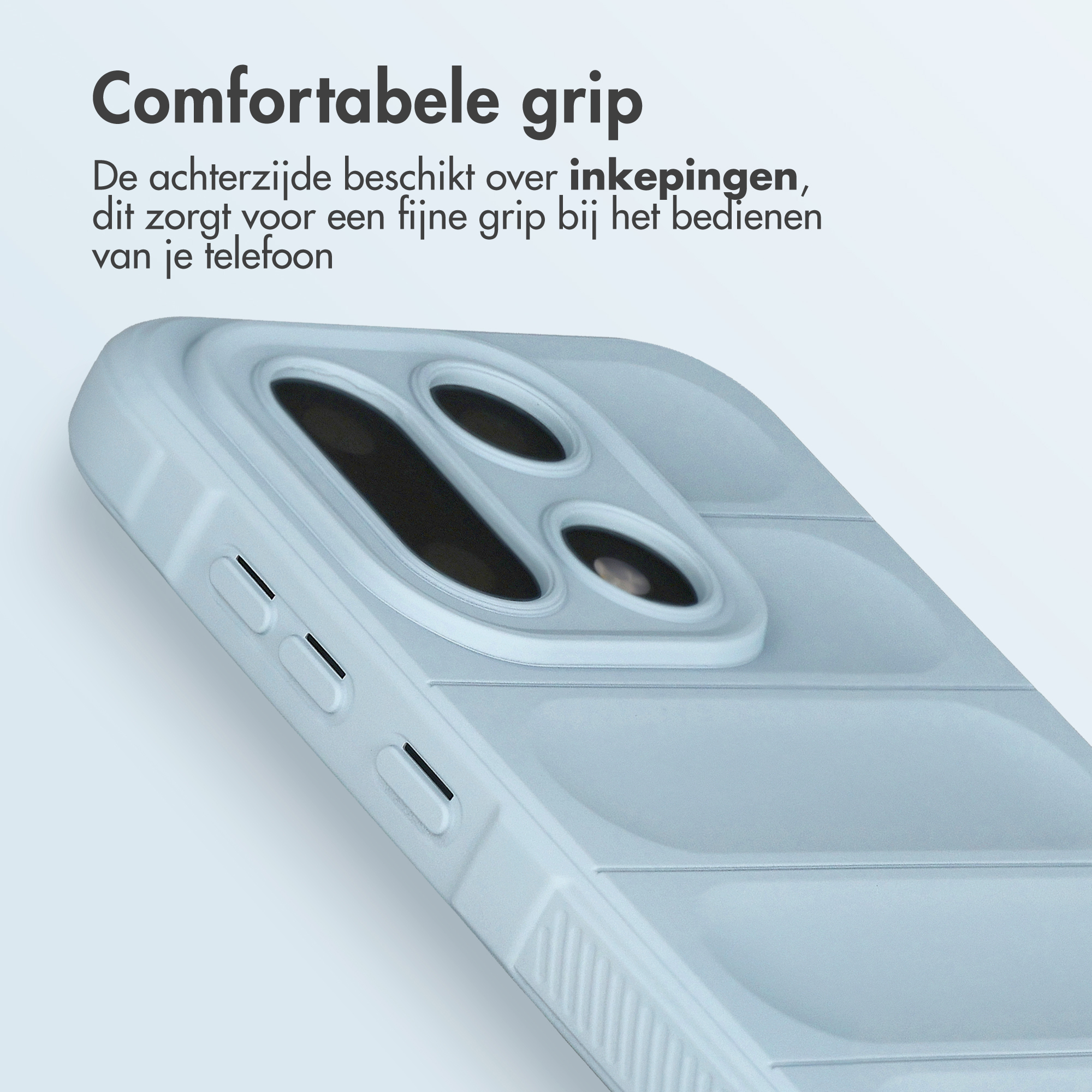 Lichtblauwe telefoonhoes met uitsparingen voor camera's en knoppen.