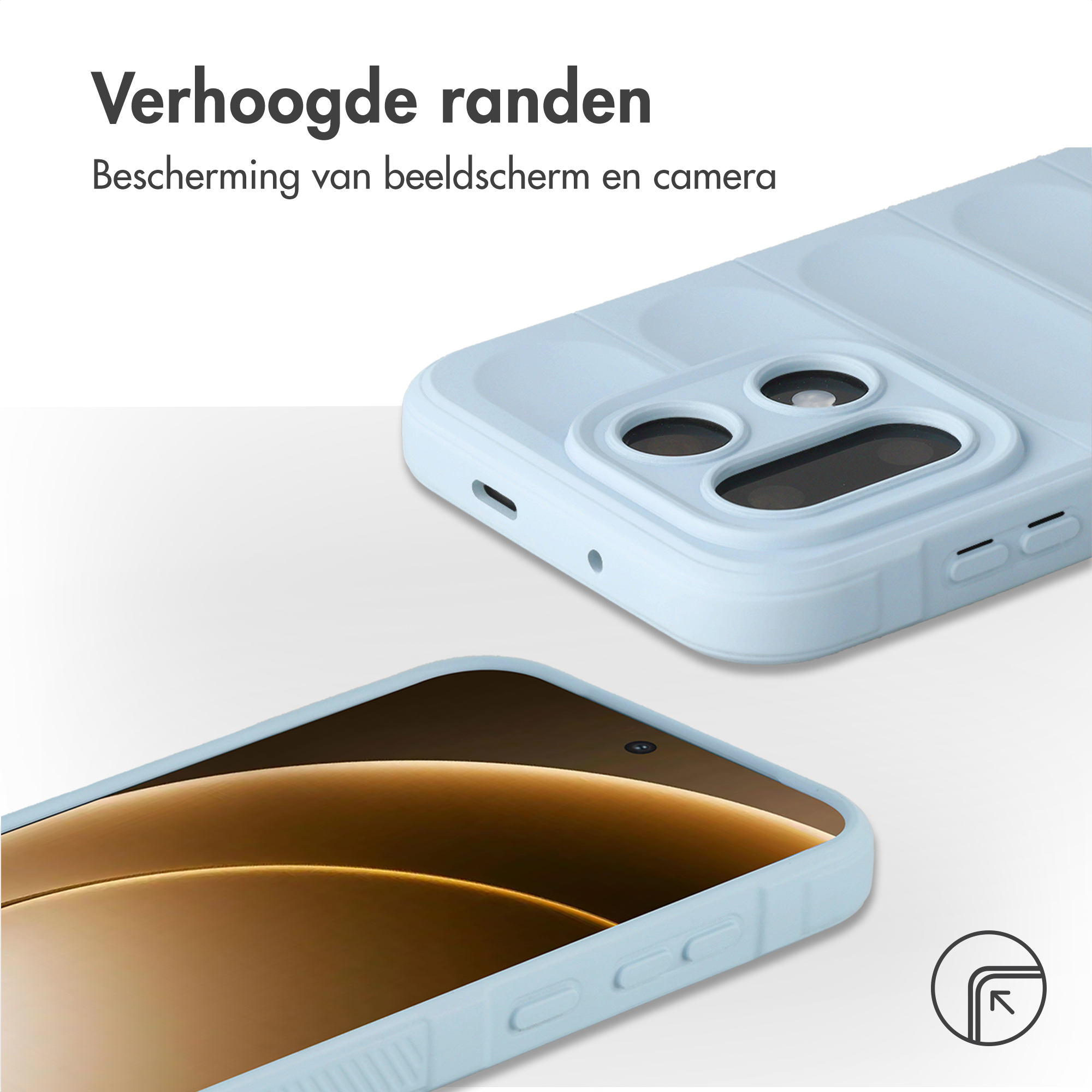 Lichtblauwe telefoonhoes met verhoogde randen voor scherm- en camerabescherming.