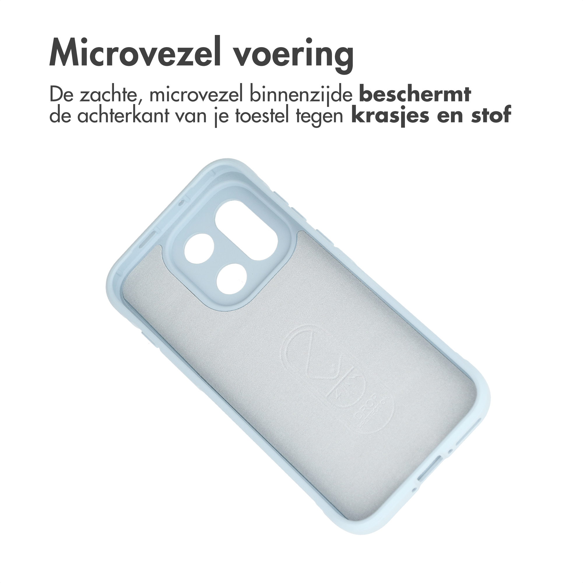 Lichtblauwe telefoonhoes met microvezelvoering, toont cameragat.