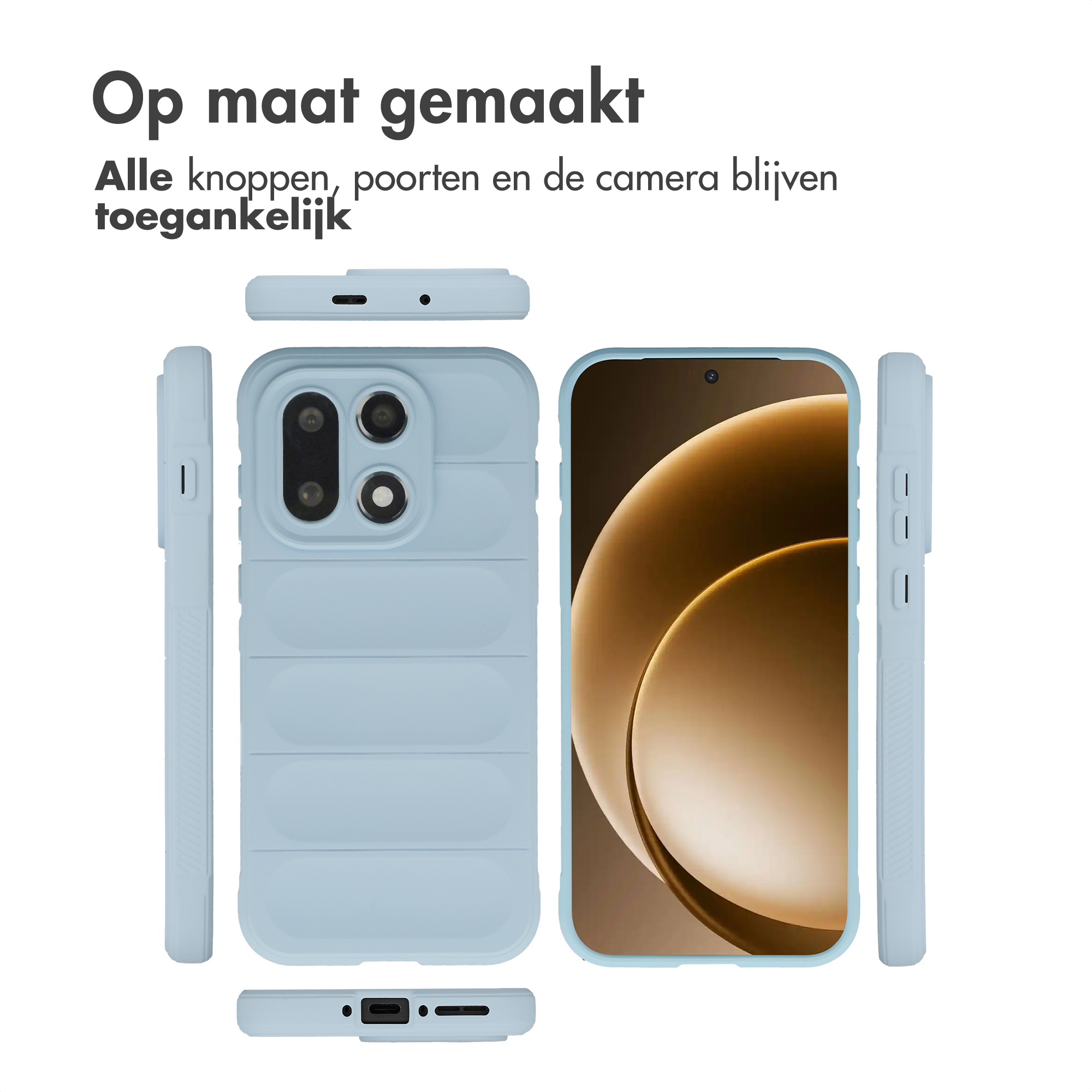 Lichtblauwe telefoonhoes in meerdere aanzichten, met uitsparingen voor camera en poorten.