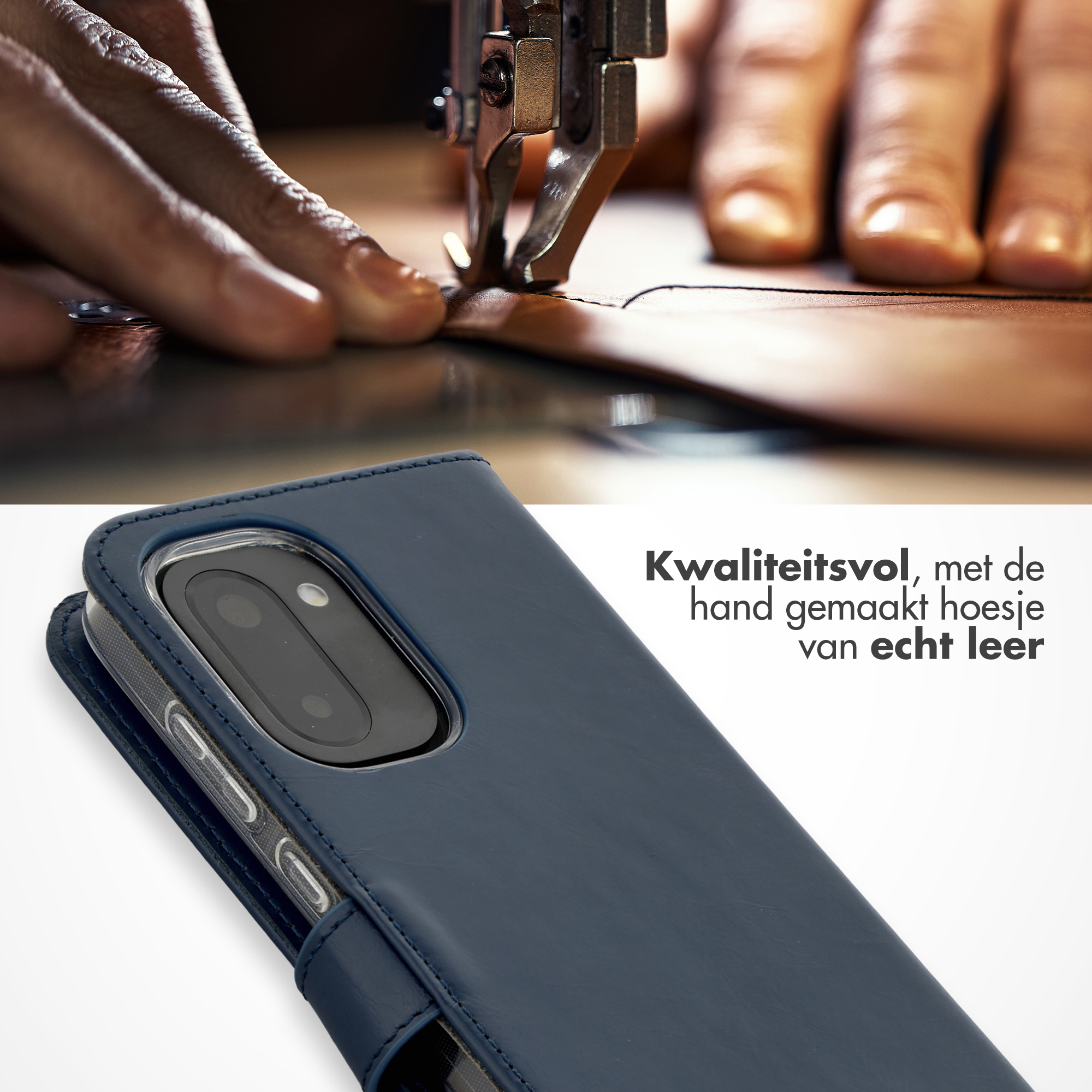 Mains cousant du cuir à la machine. Étui de téléphone bleu en cuir.