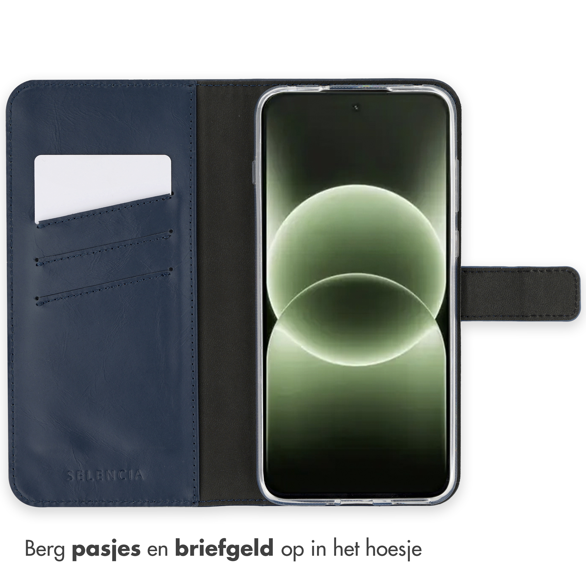 Étui de téléphone bleu foncé à rabat avec fentes pour cartes et languette.