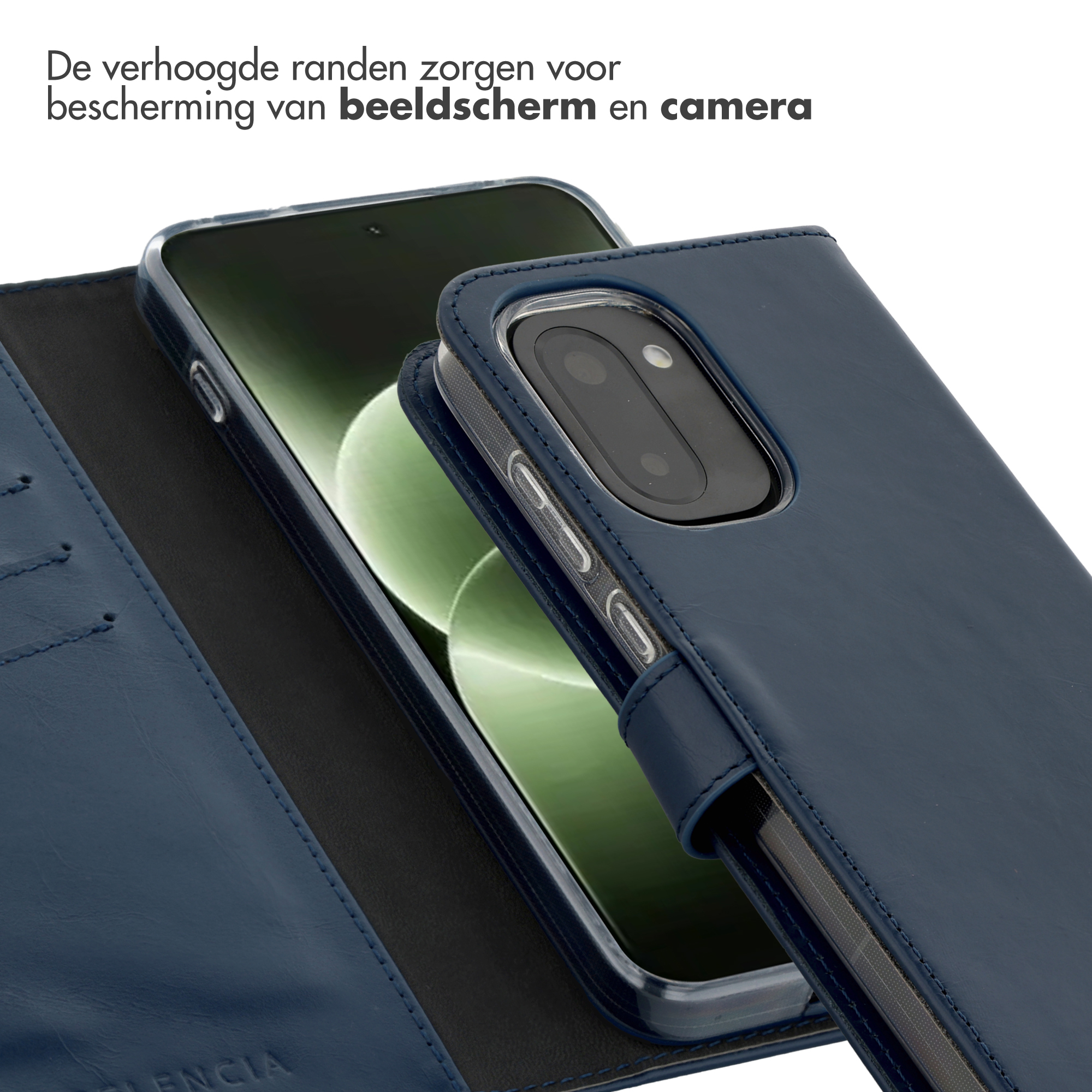Étui de téléphone bleu foncé avec bords surélevés pour écran et appareil photo.