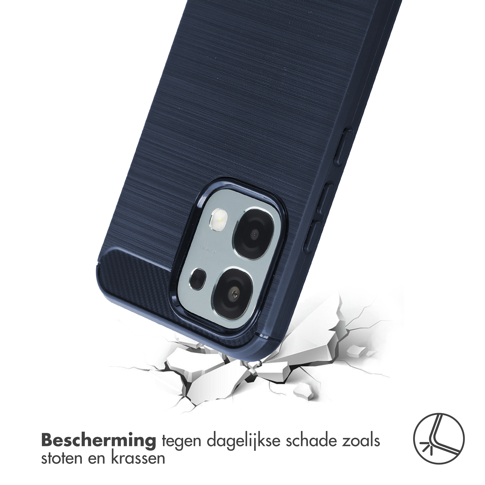 Donkerblauw telefoonhoesje met geborstelde textuur valt op witte scherven.