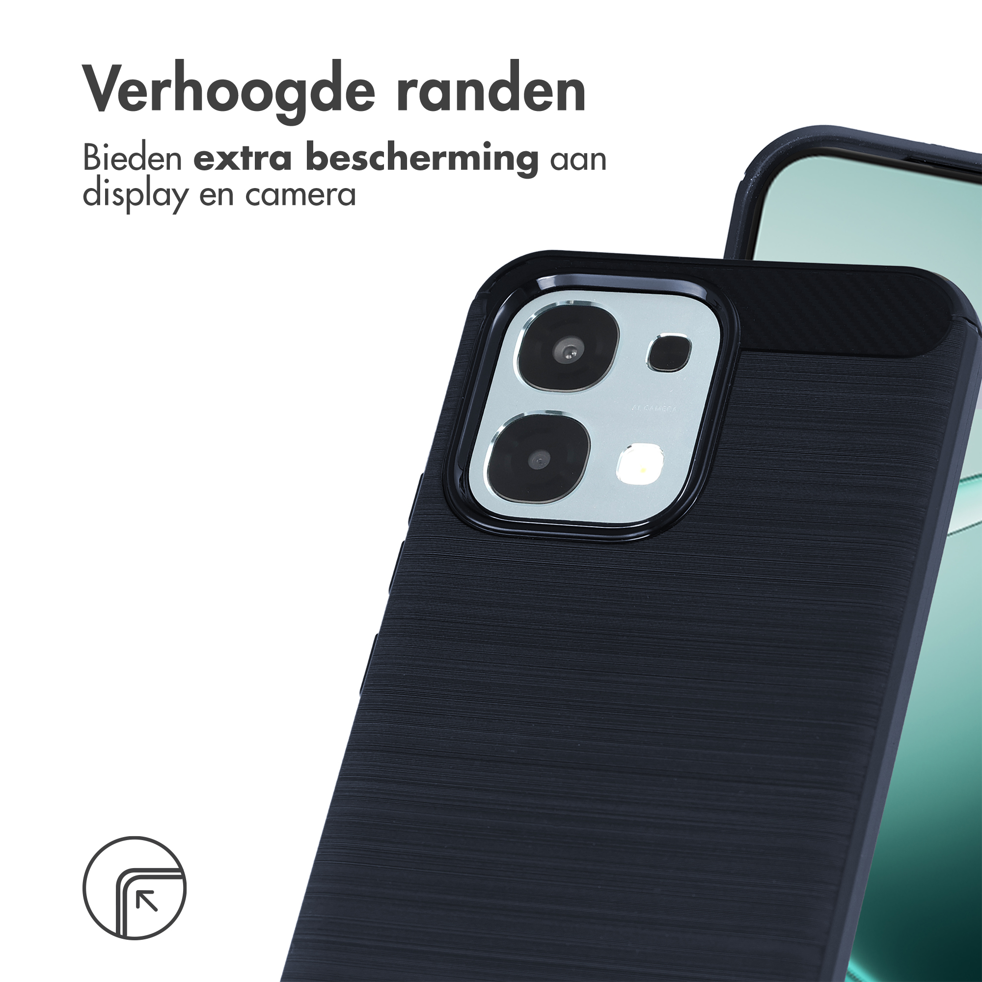 Zwarte telefoonhoes met camerabescherming en verhoogde randen.