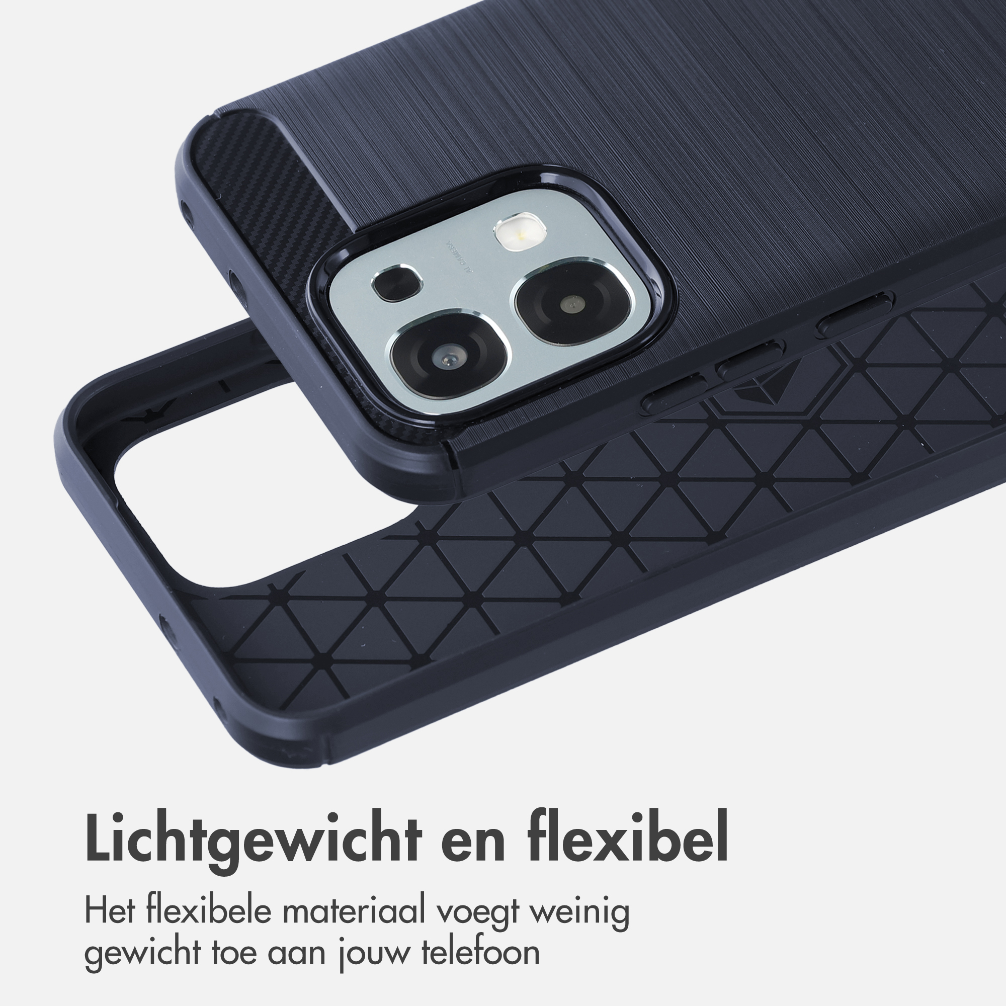 Zwarte telefoonhoes met camera-uitsparing en textuurpatroon. Lichtgewicht en flexibel.