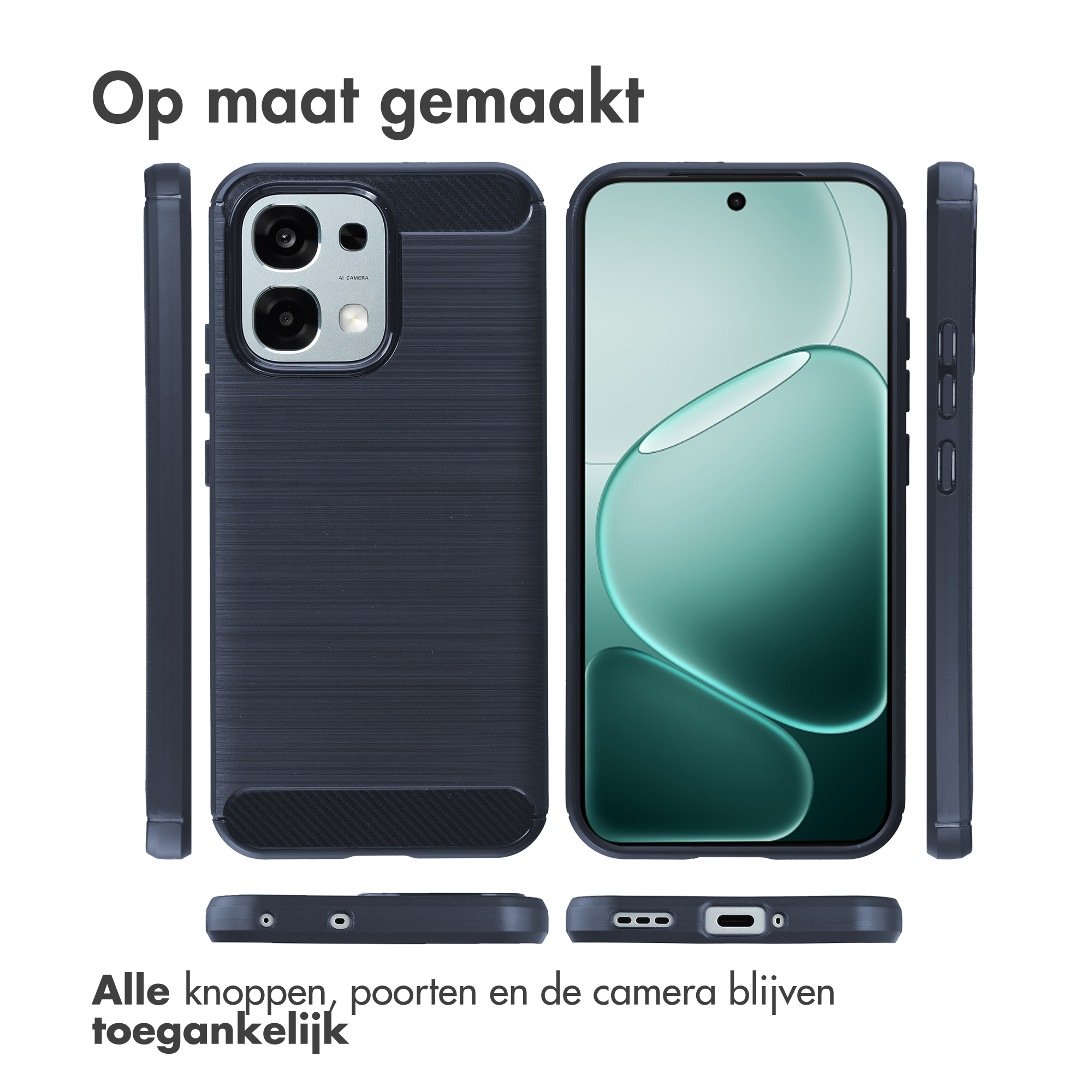 Drie weergaven van een donkerblauwe telefoonhoes met geborstelde textuur.