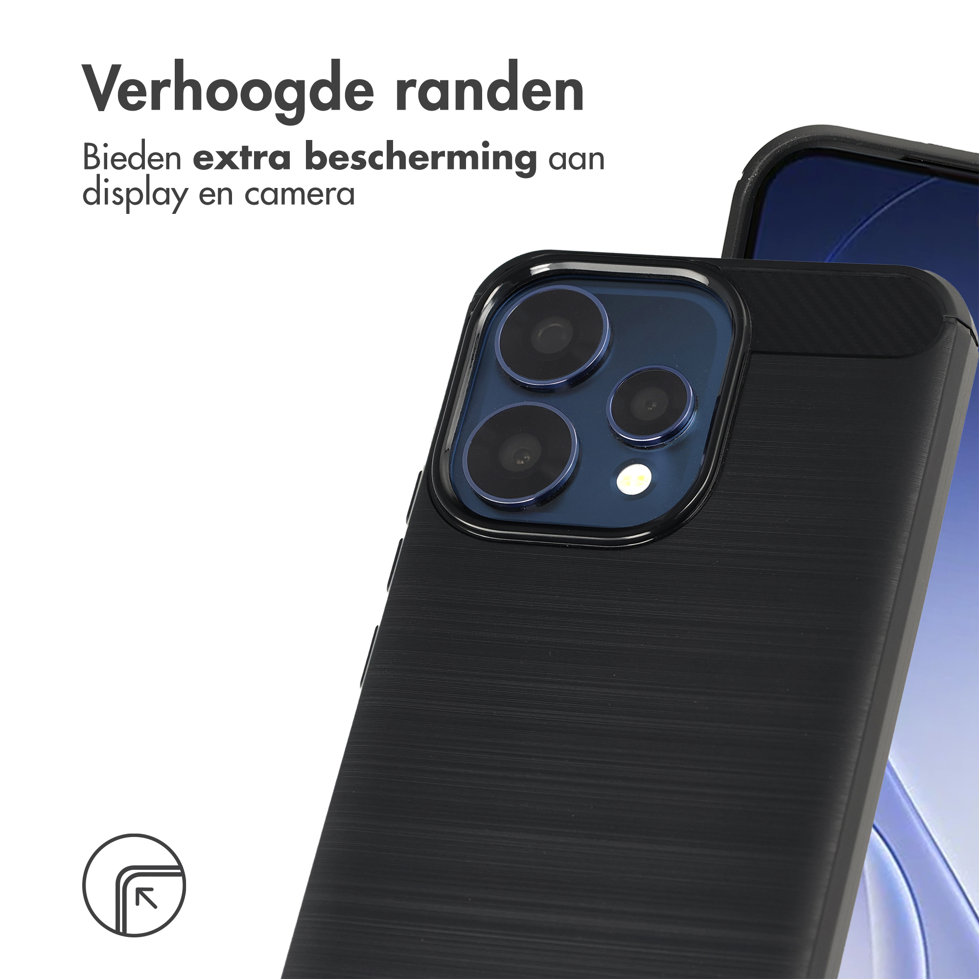 Custodia nera per telefono con ritaglio fotocamera e bordi rialzati.