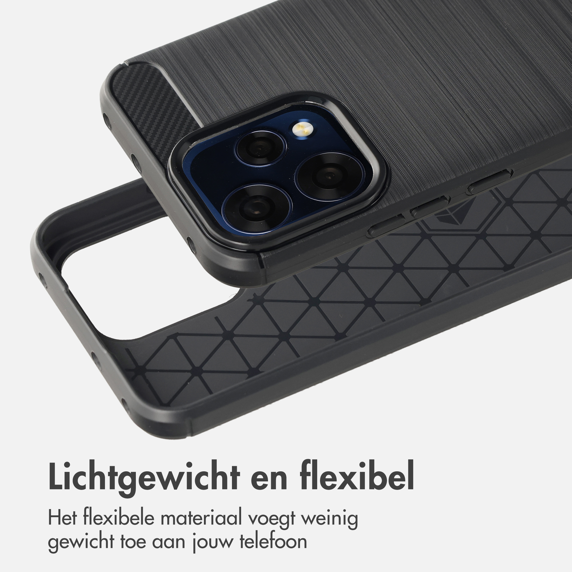 Custodia nera per telefono con protezione fotocamera e motivo geometrico.