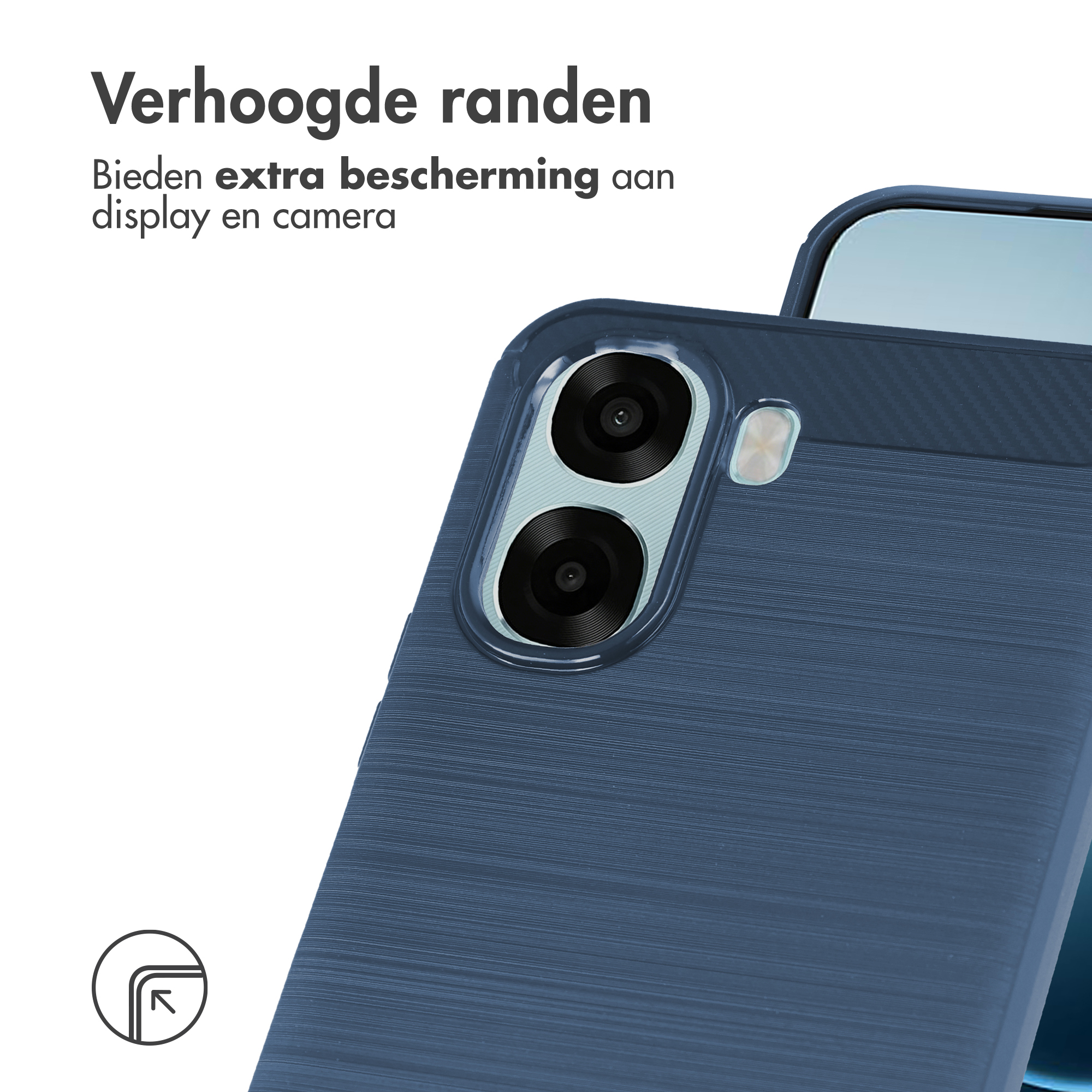 Custodia blu per telefono con lenti della fotocamera e bordi rialzati.