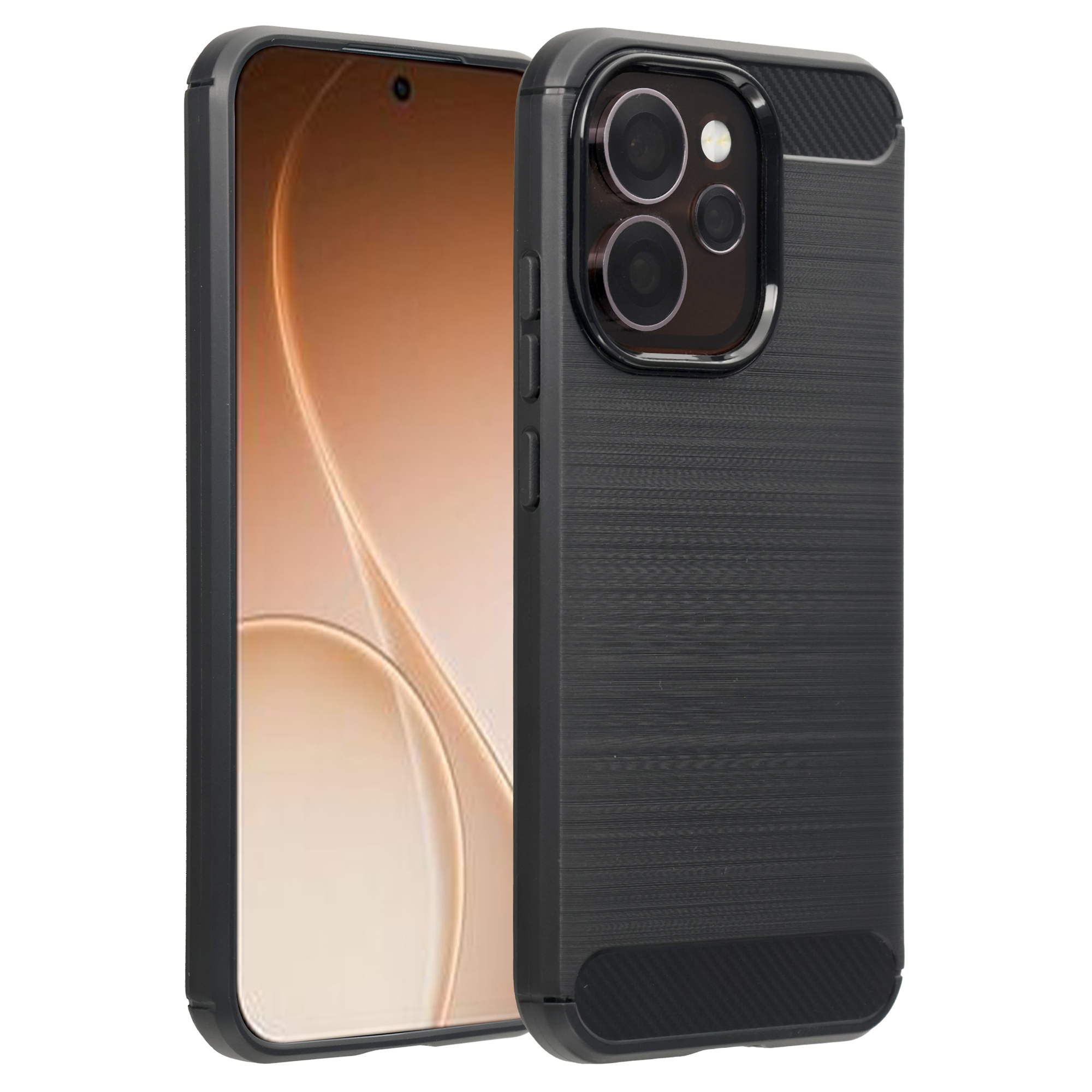 Coque de téléphone noire avec système de caméra et finition texturée.