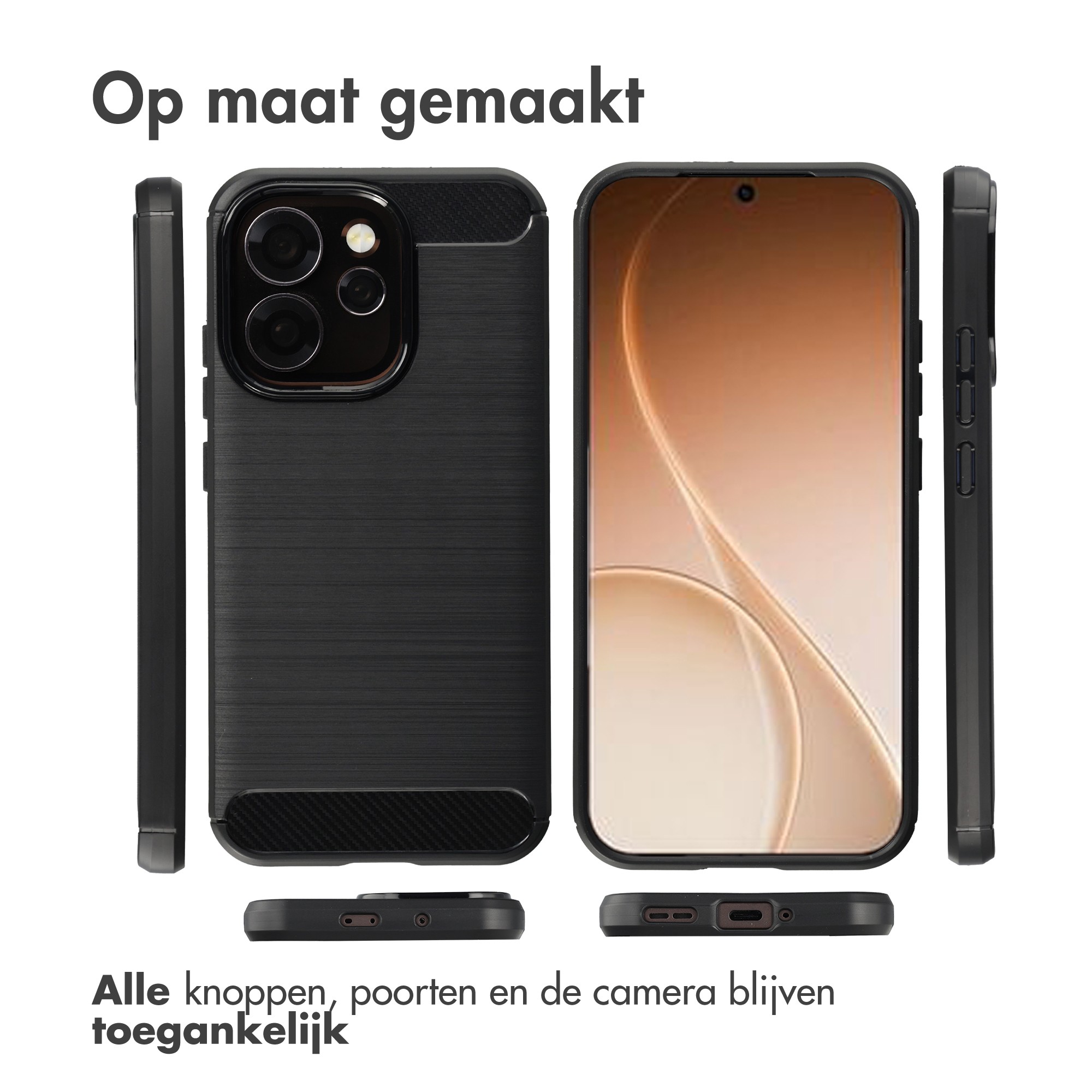 Coque de téléphone noire avec système de caméra et écran. Montre les vues avant, arrière et latérales.