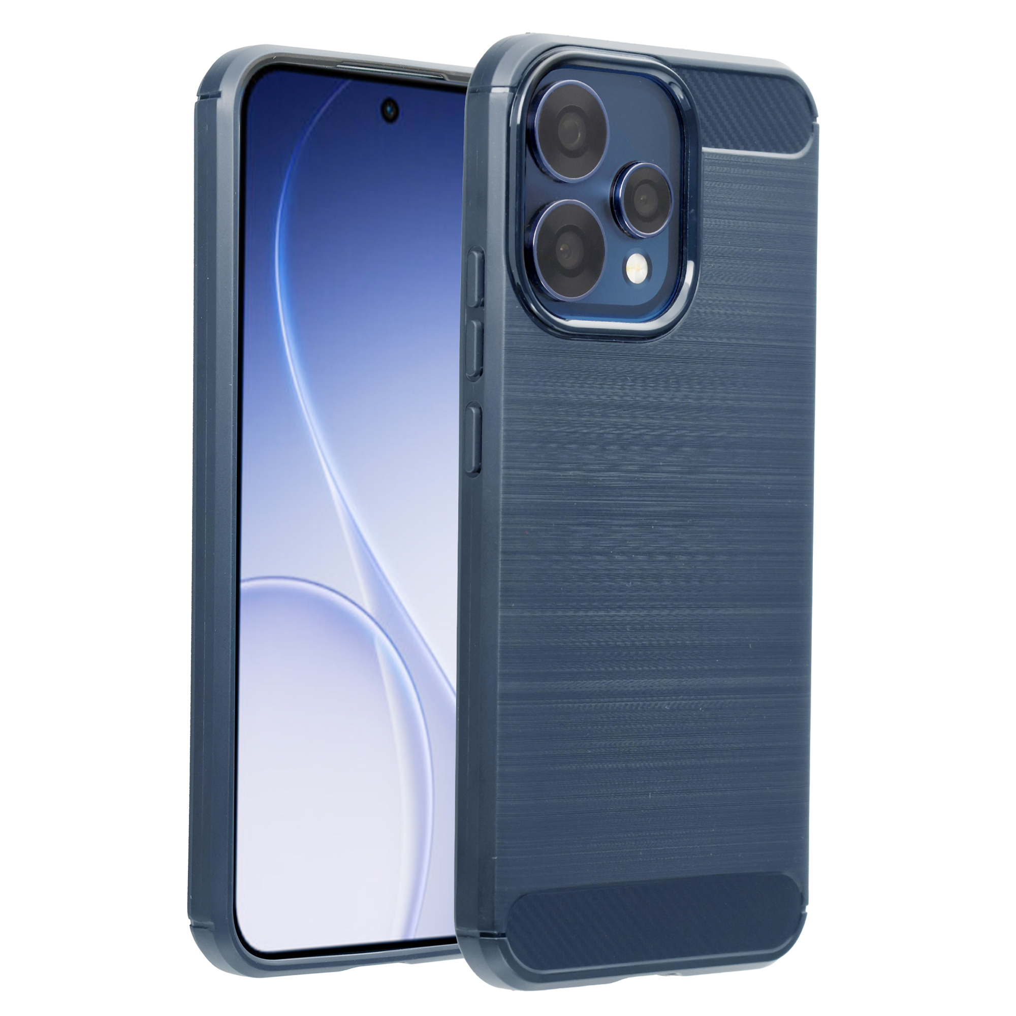 Une coque de téléphone bleue avec module caméra et téléphone à côté.