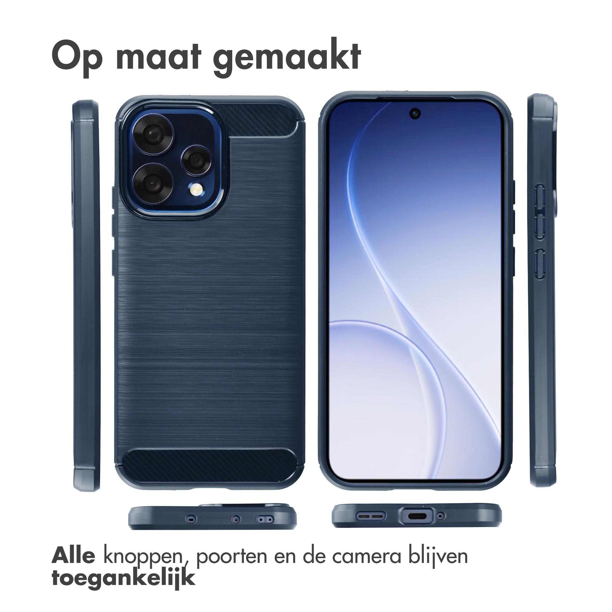 Trois vues d'une coque de téléphone bleu foncé texturée brossée et découpée pour appareil photo.