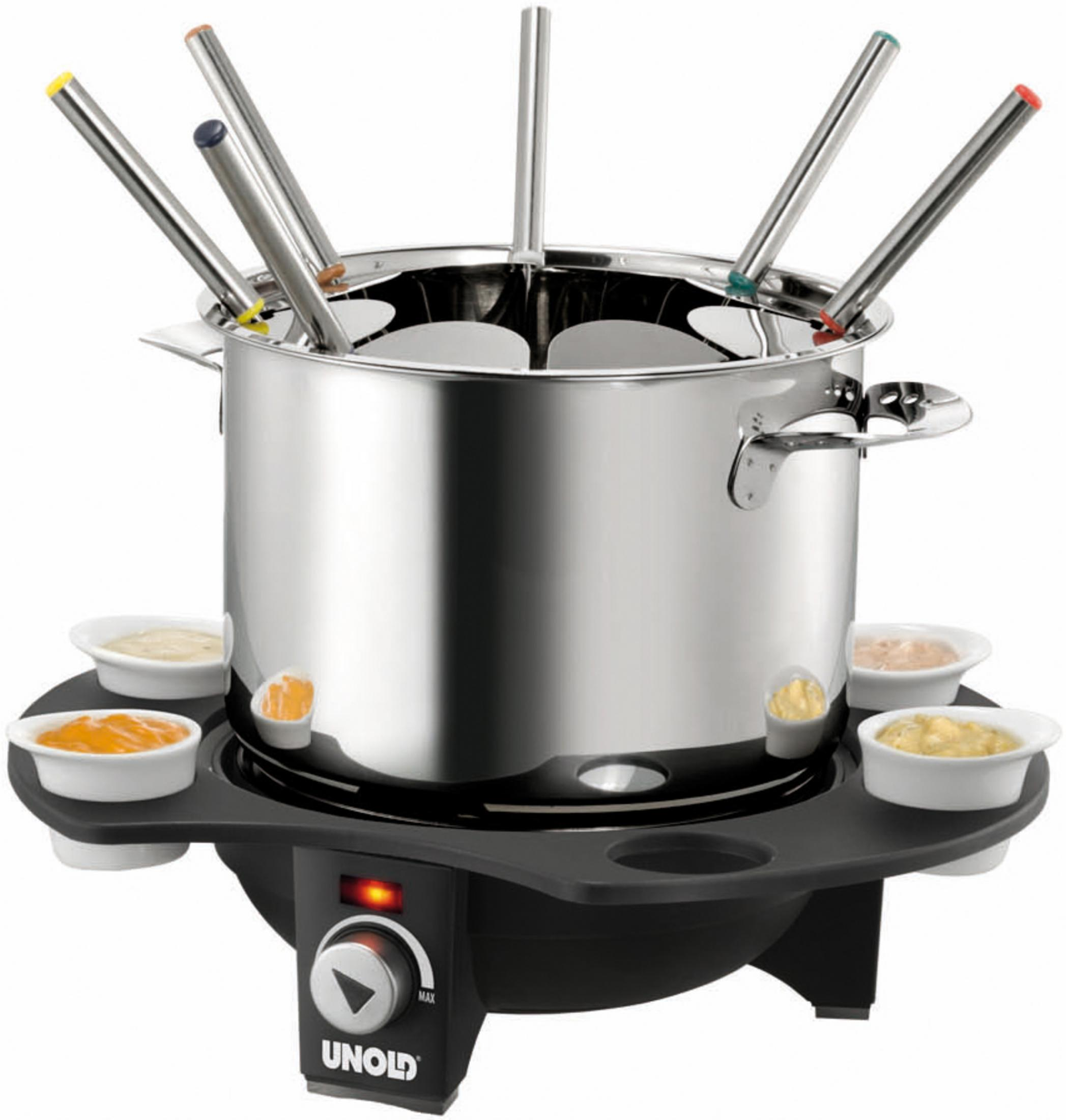 Zestaw do fondue ze stali nierdzewnej z sześcioma kolorowymi widelcami i miseczkami z dipami.