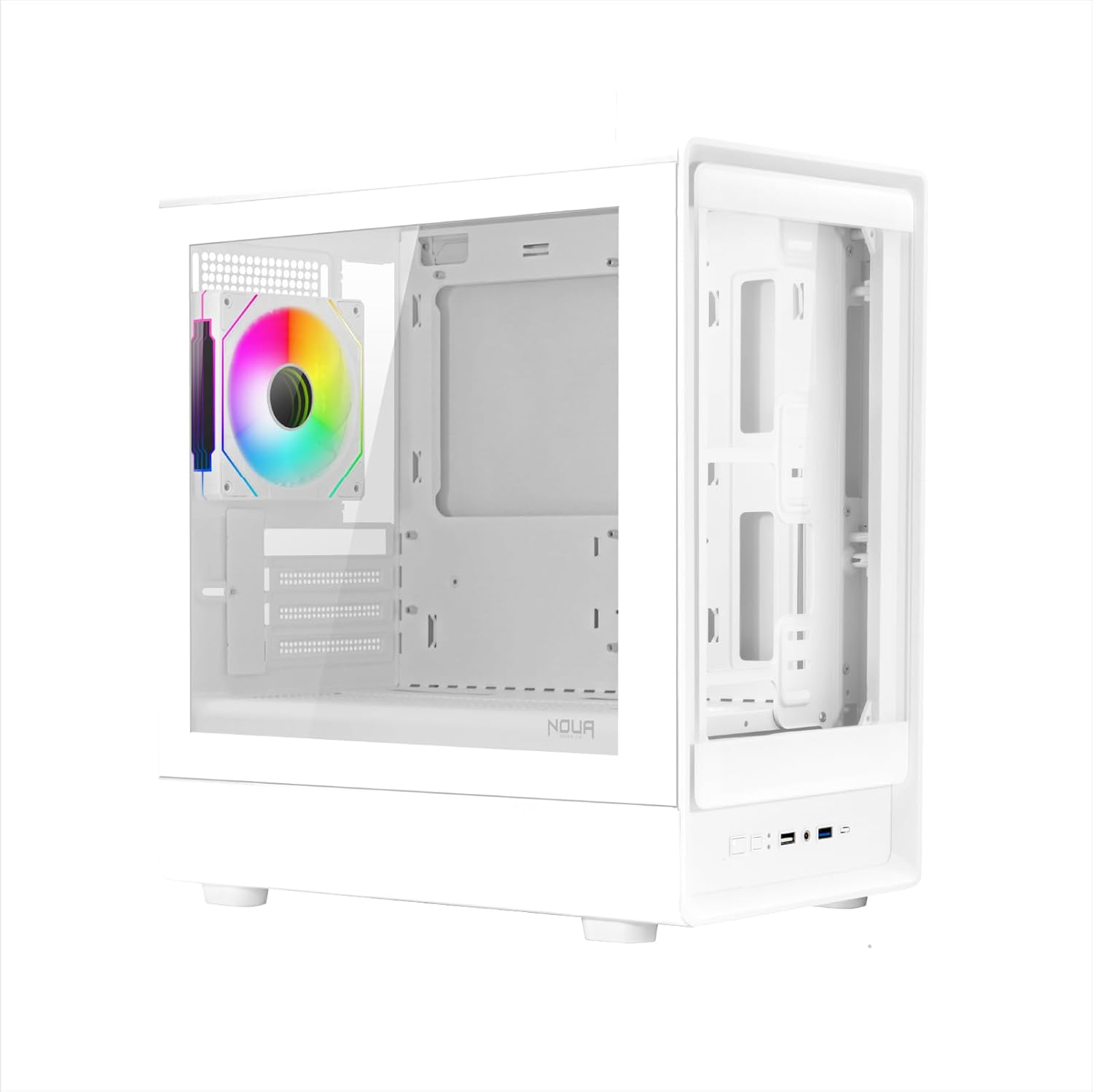 Un case PC bianco con pannello laterale in vetro e ventola RGB colorata. Il frontale ha porte USB.