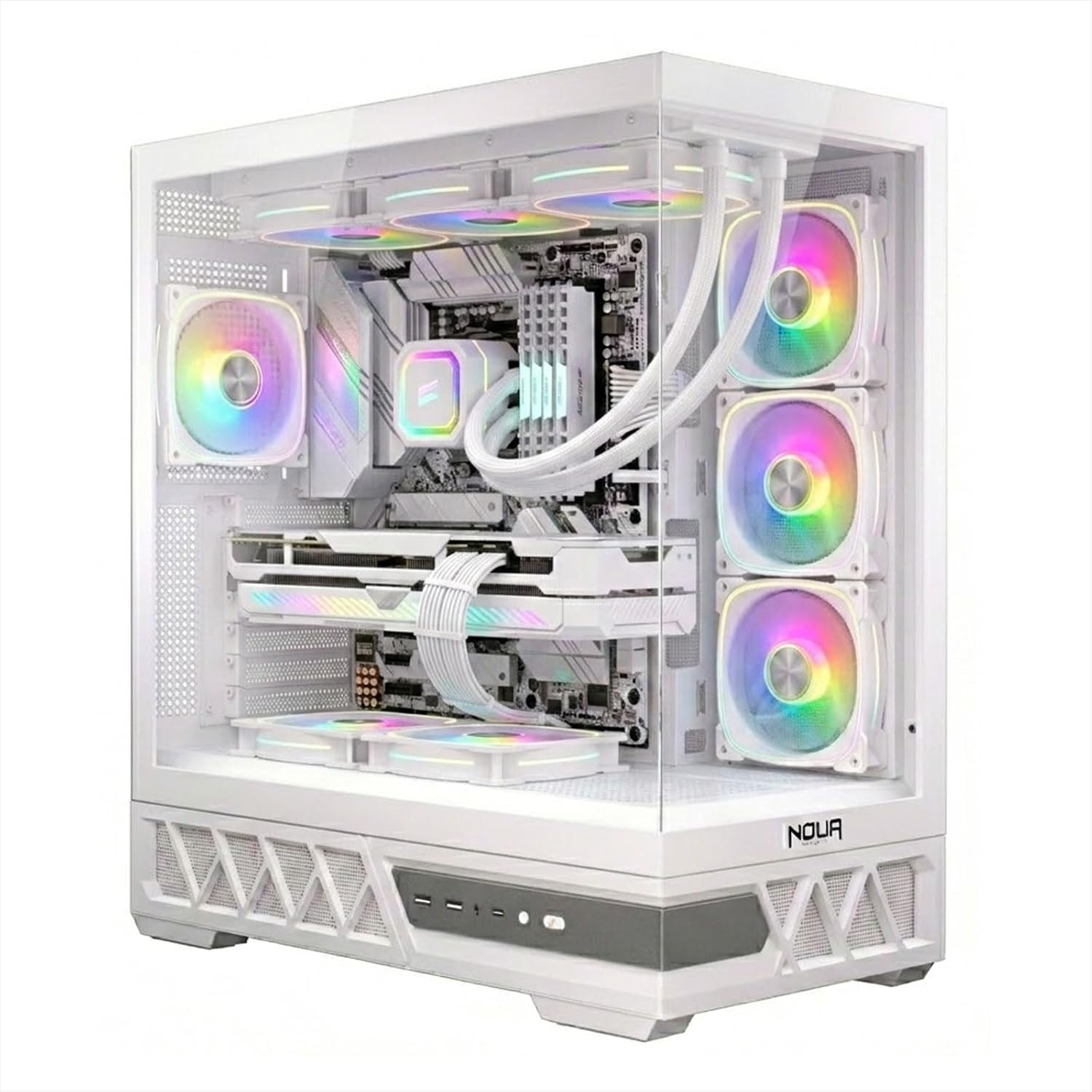 Case PC bianco con ventole RGB, GPU e dissipatore AIO. Design moderno.
