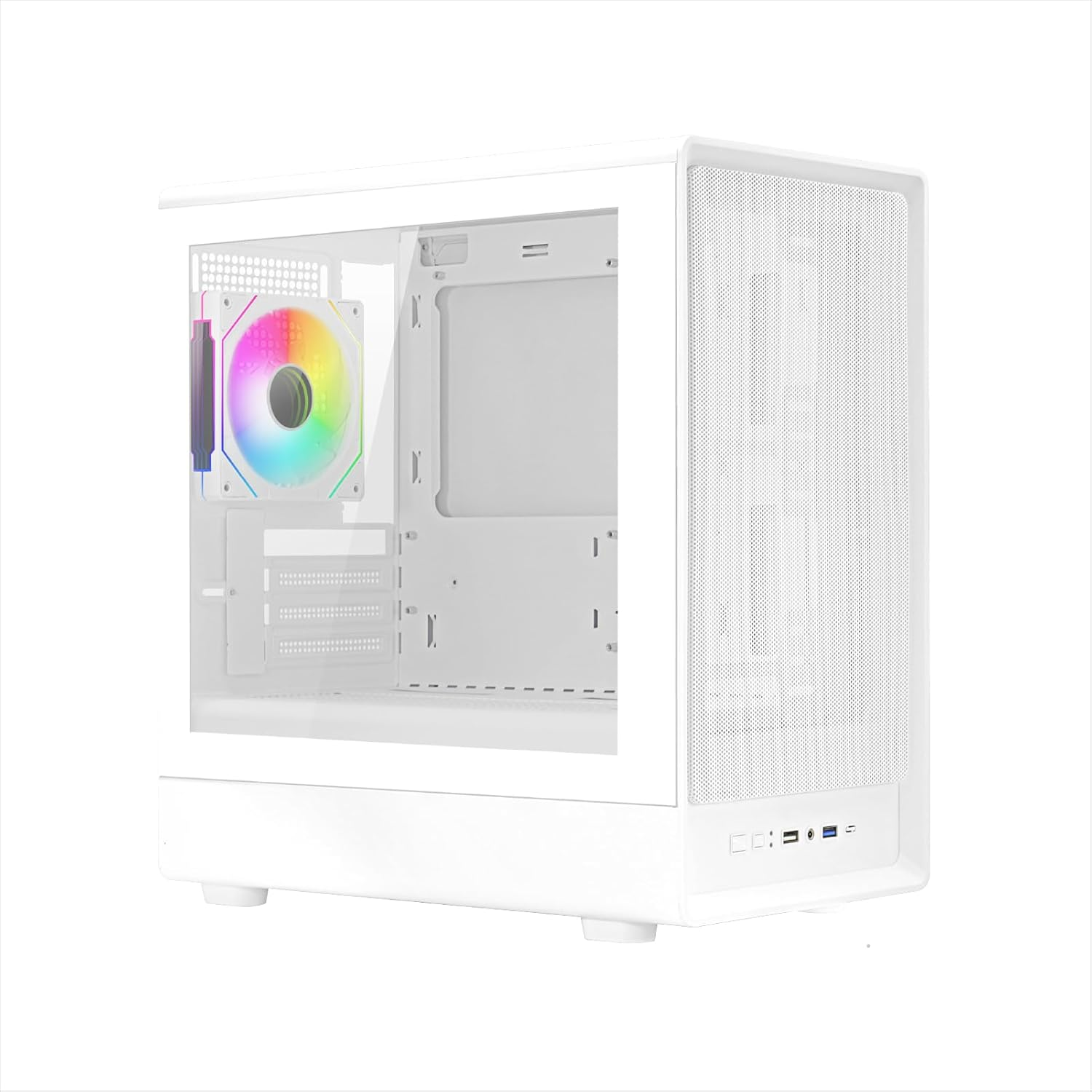 Case PC bianco con pannello laterale trasparente, mostra una ventola RGB arcobaleno.