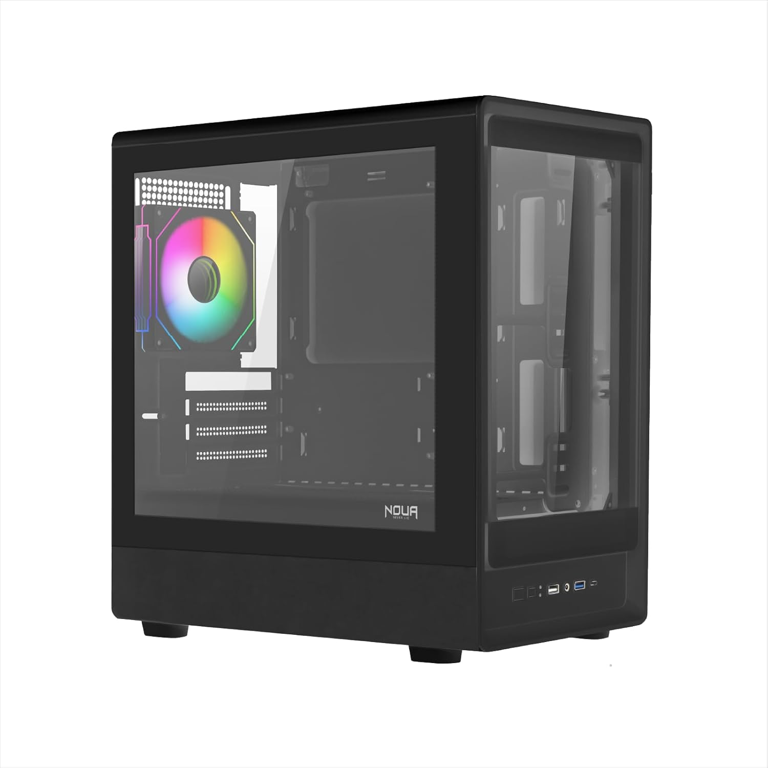 Case PC nero con lati in vetro e ventola RGB, etichettatura bianca.