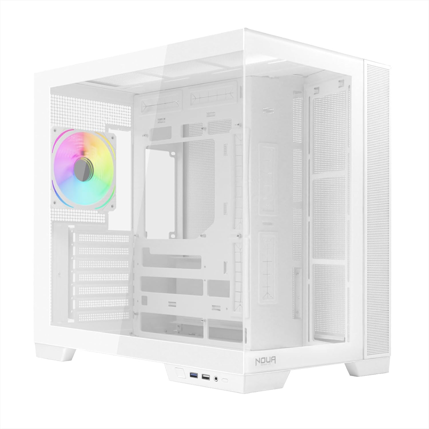 Case PC bianco con ventola colorata e pannelli in vetro.