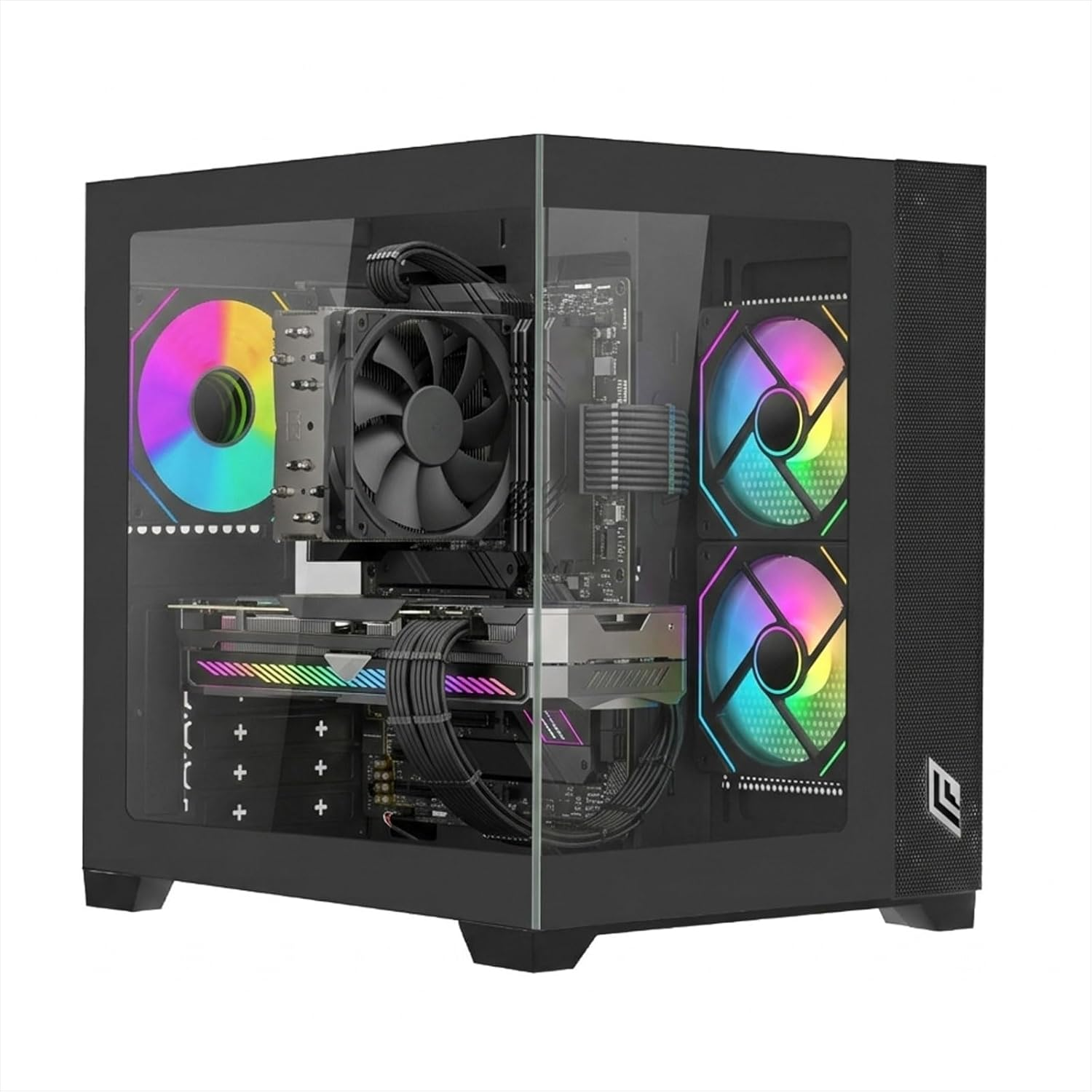 Un case PC nero con finestra in vetro che mostra un raffreddatore CPU RGB, ventole e scheda grafica.