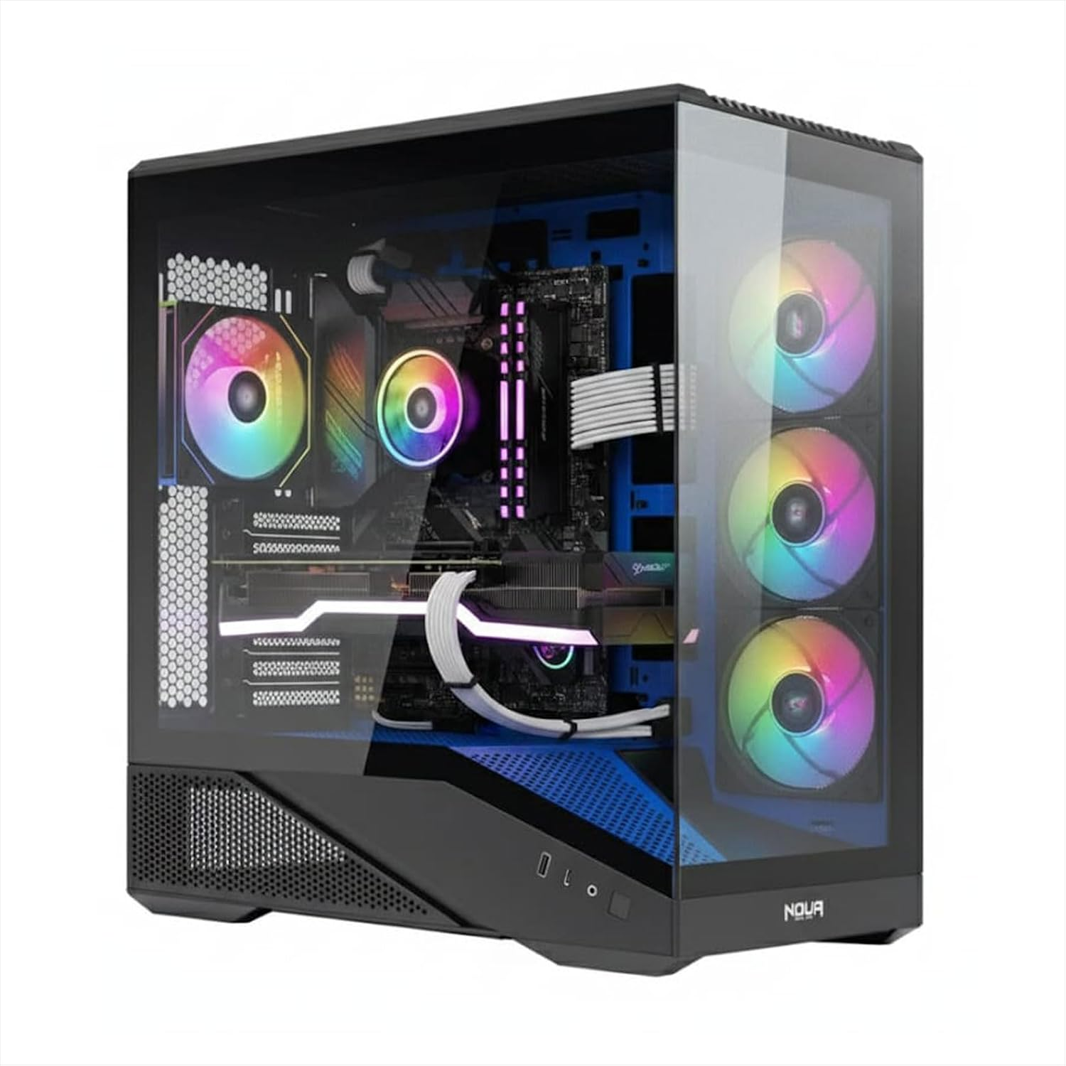 Un case PC nero con pannello laterale in vetro, mostra ventole RGB e componenti.