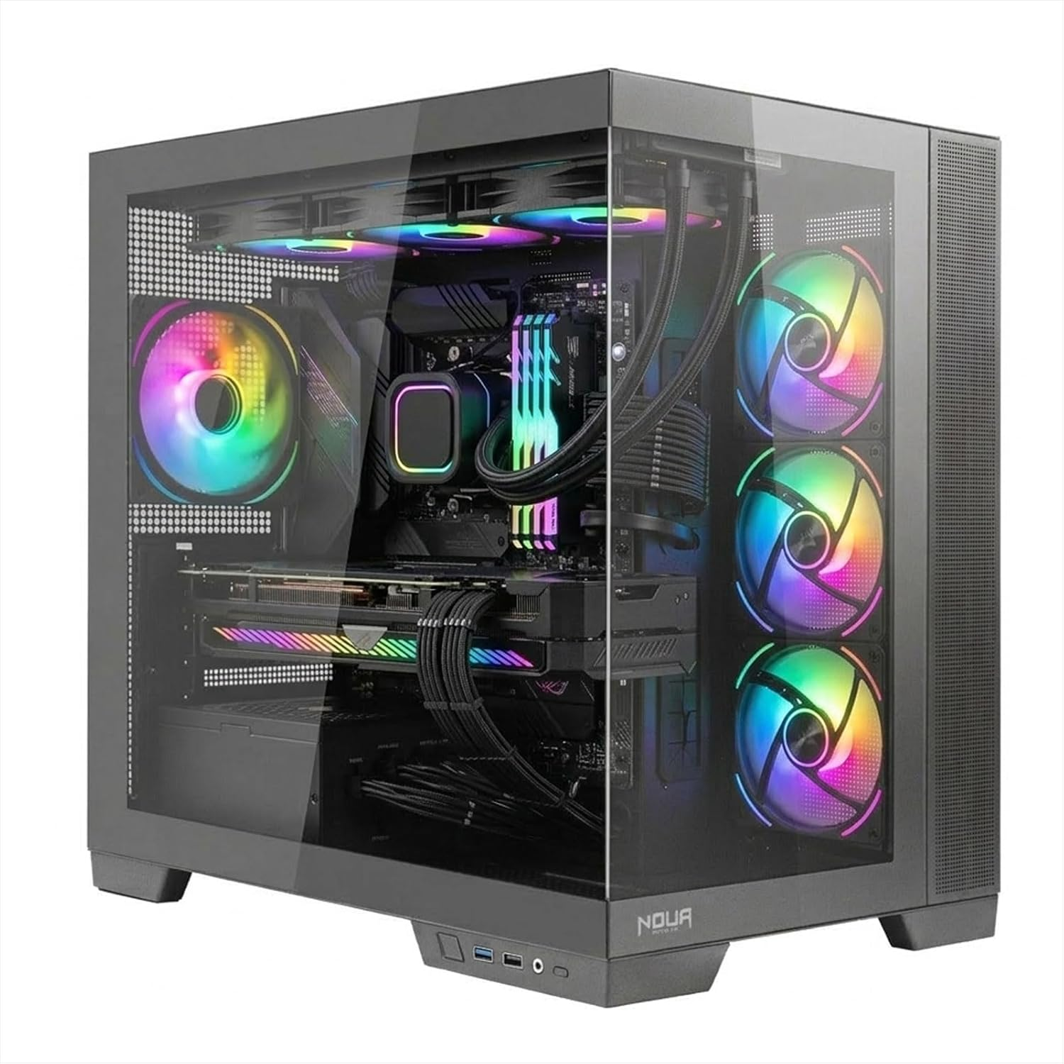 Un case PC nero con finestra in vetro e ventole RGB colorate.