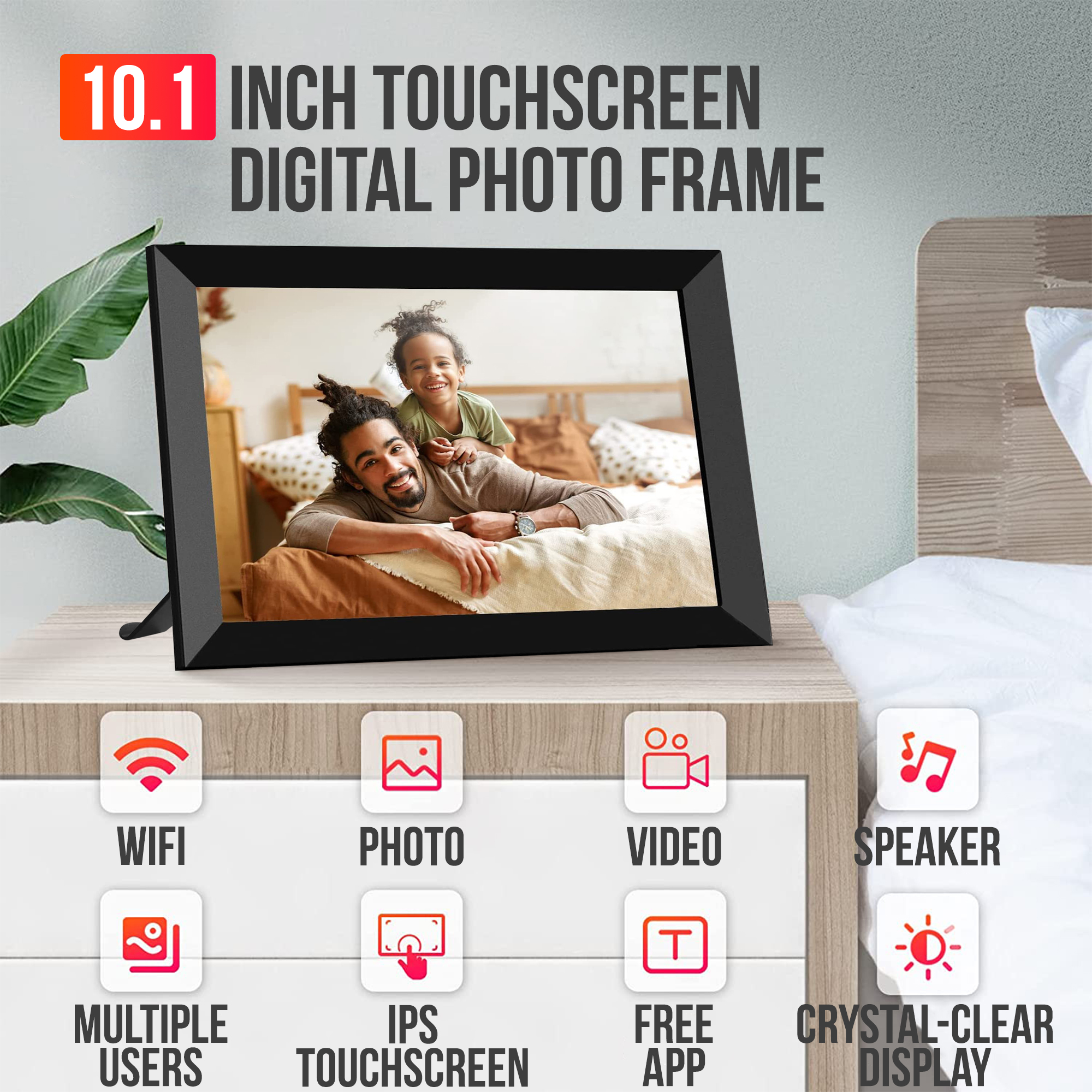 Cadre photo numérique 10,1 pouces montrant un père et un fils souriants. Comprend WiFi, Photo, Vidéo, Haut-parleur.