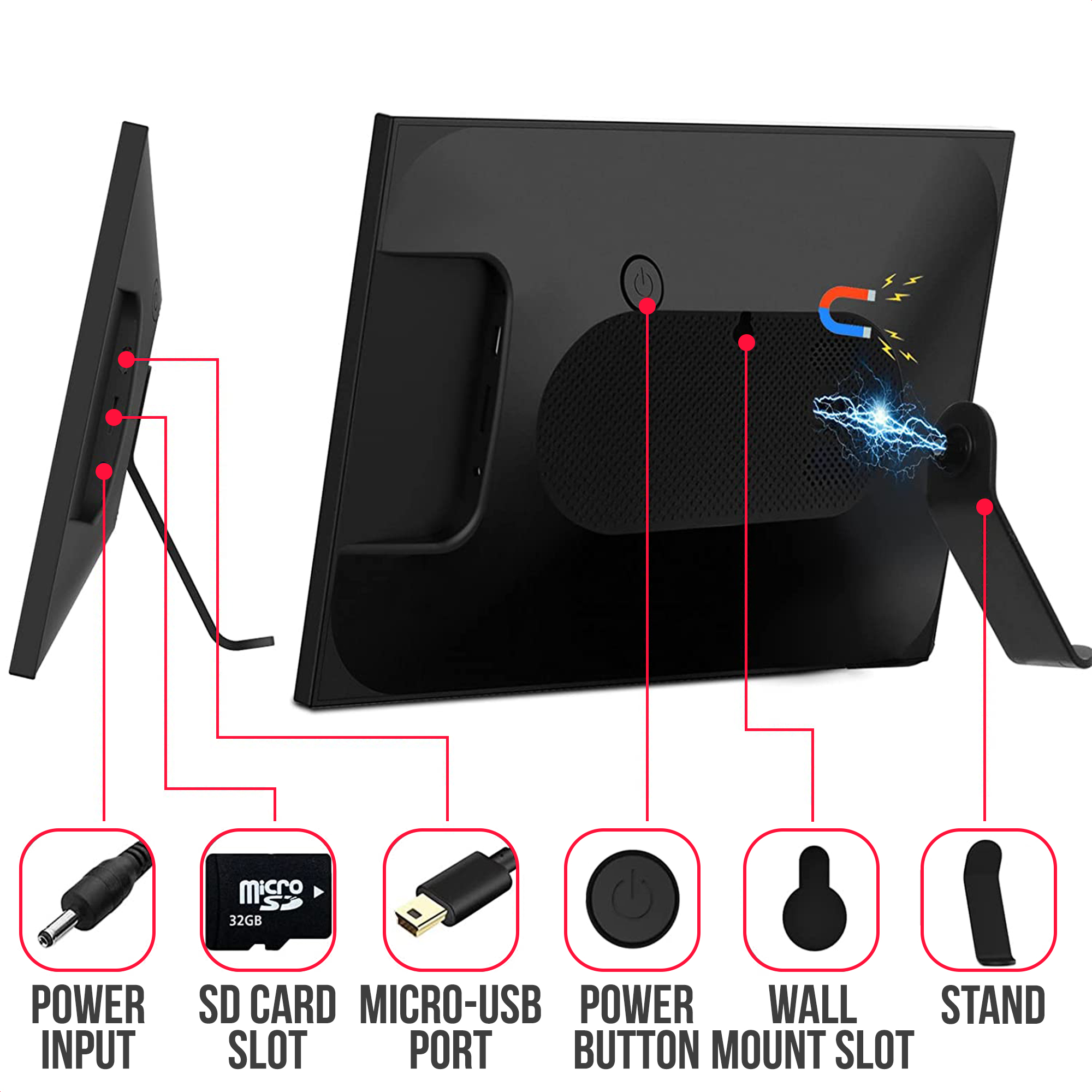 Le diagramme montre les ports : alimentation, carte SD, micro-USB. Aussi bouton d'alimentation, support mural, pied.