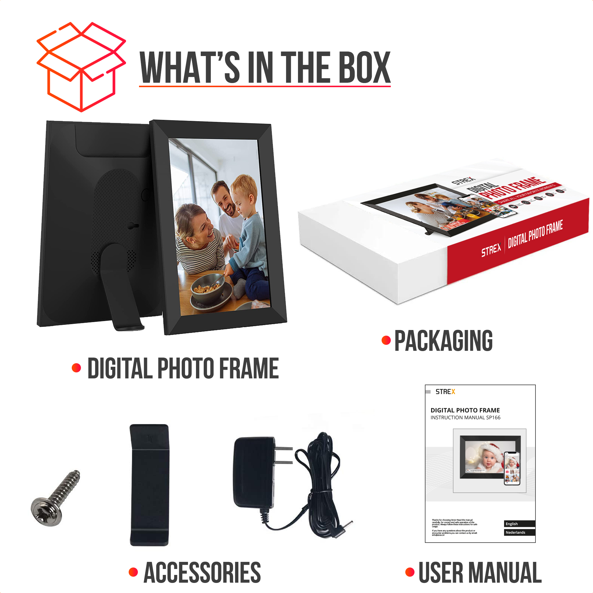 Contenu de la boîte : Cadre photo numérique, emballage, accessoires, manuel d'utilisation.