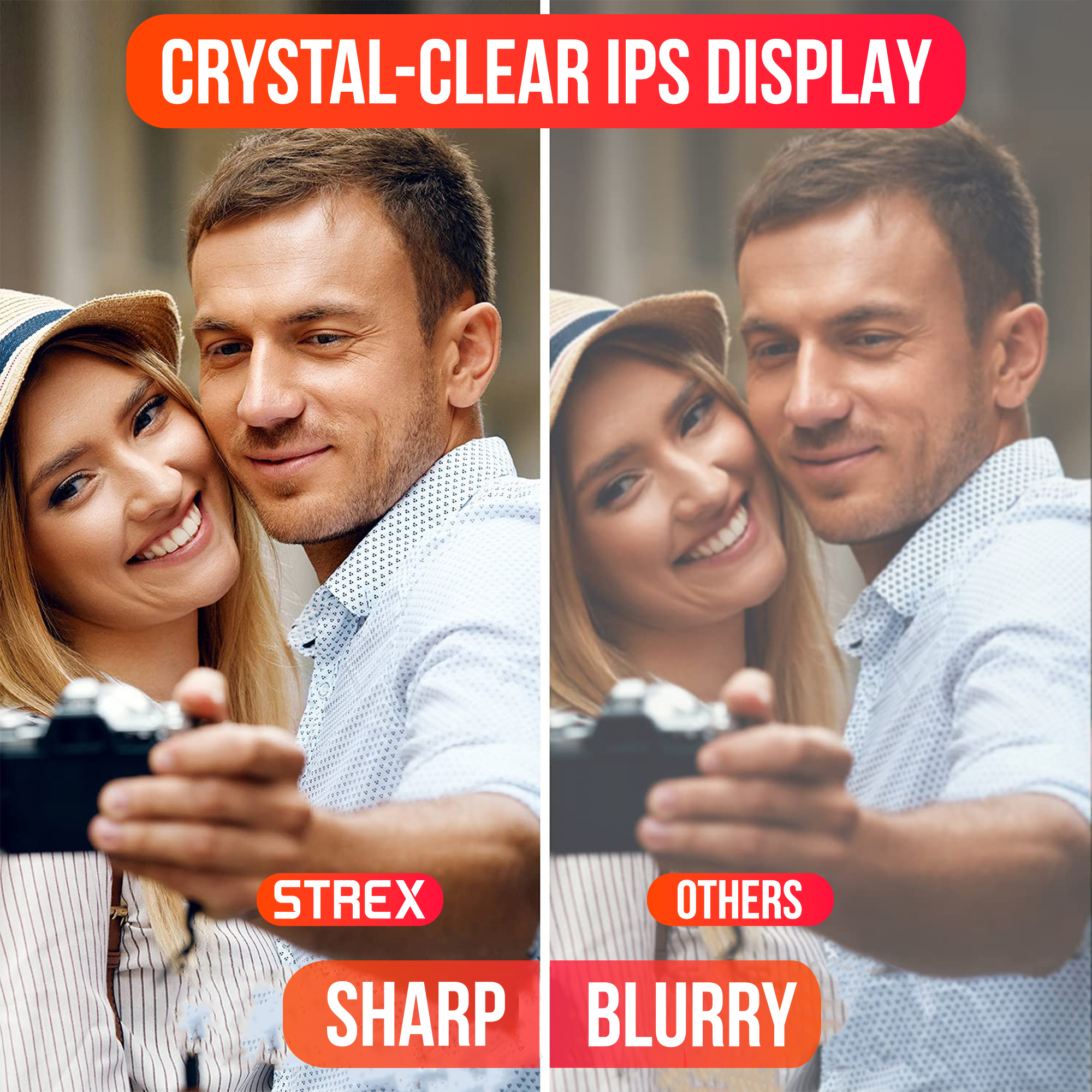 Un homme et une femme prennent un selfie. Côté gauche net, côté droit flou. Texte : CRYSTAL-CLEAR IPS DISPLAY.