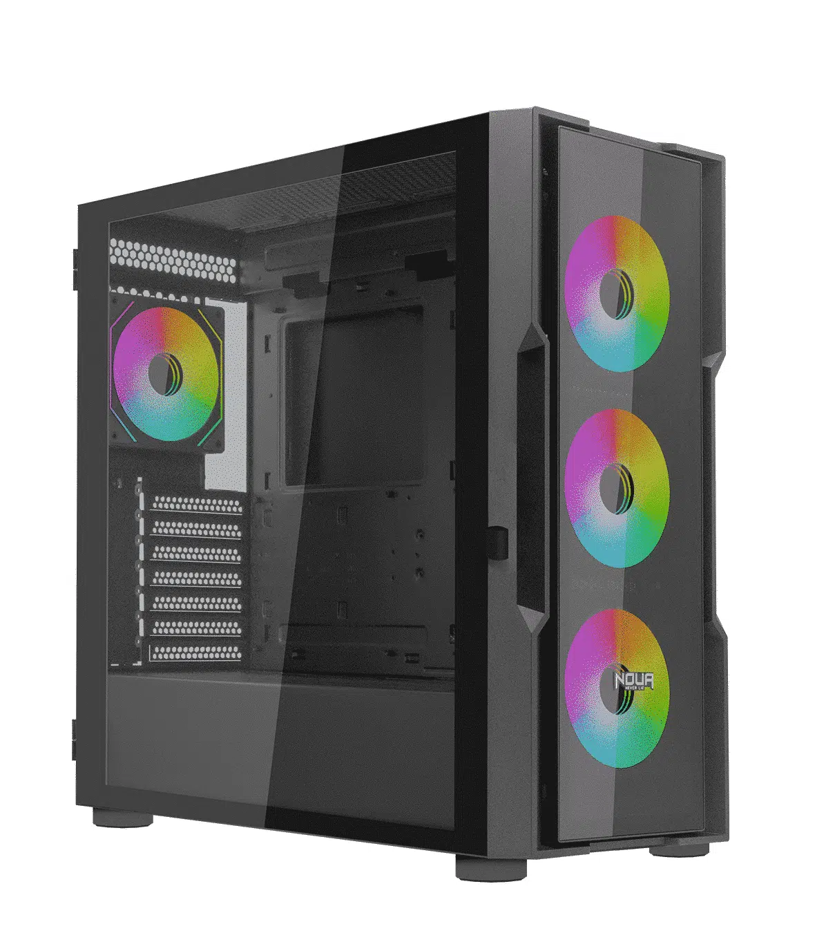 Case PC nero con frontale in vetro e ventole RGB.