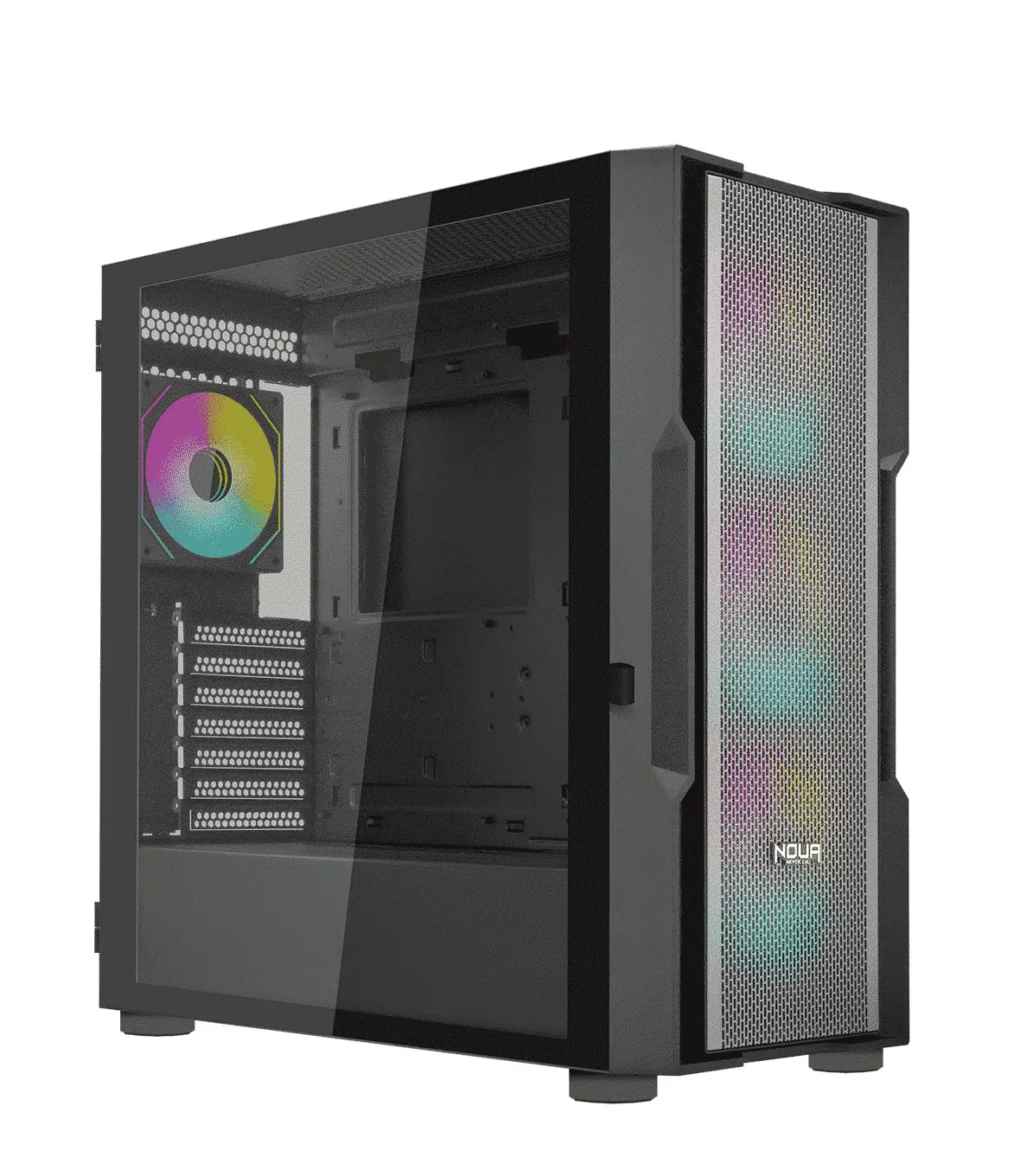 Un case PC nero con finestra in vetro e ventola RGB.