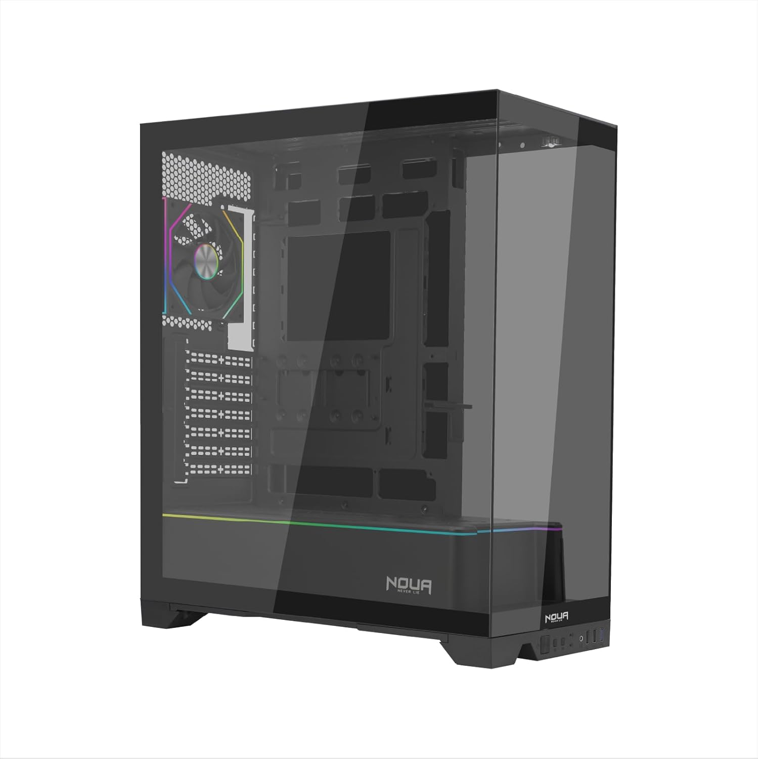Un case per computer nero con pannelli in vetro, ventola RGB e logo illuminato.