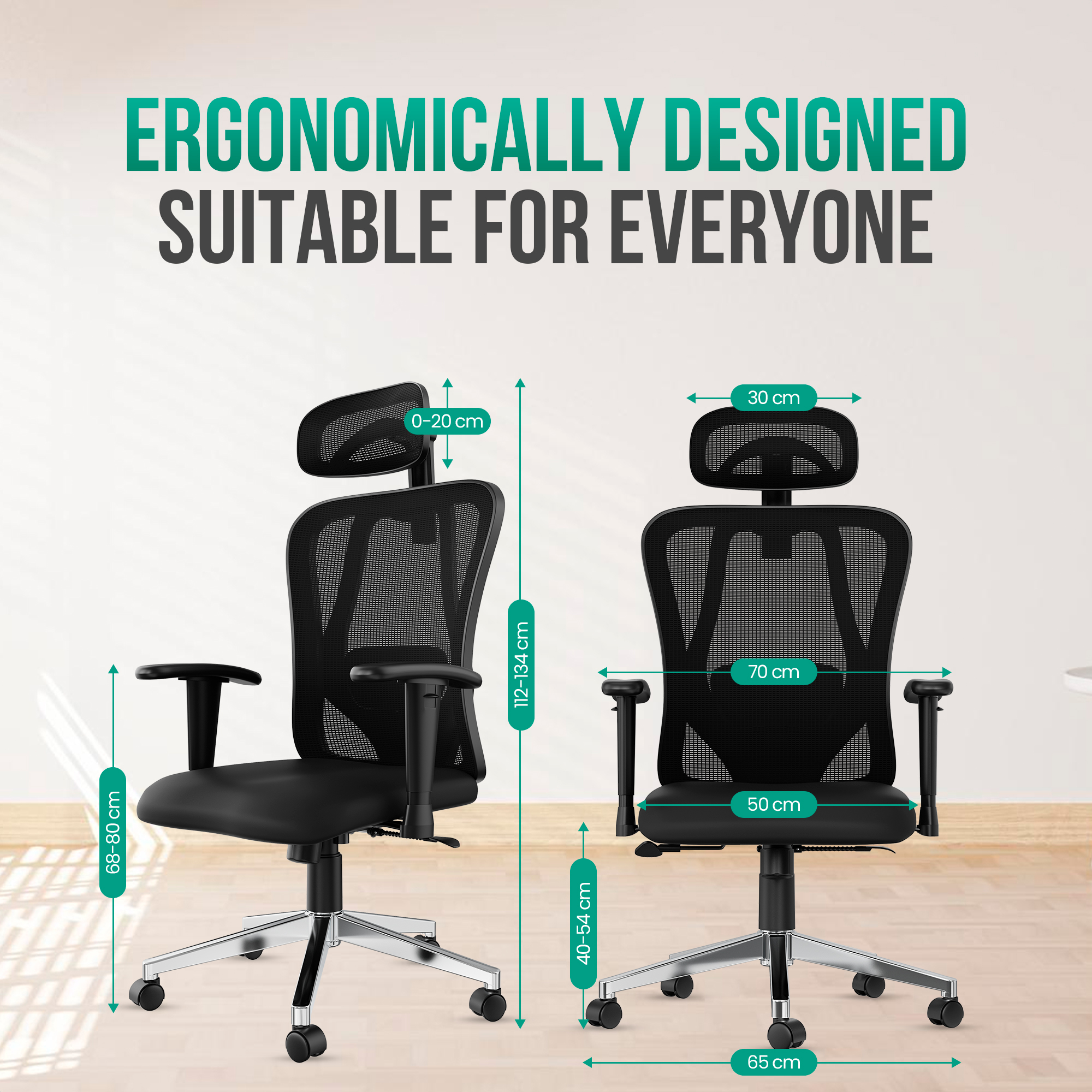 Twee zwarte ergonomische bureaustoelen met afmetingen om verstelbaarheid te tonen.