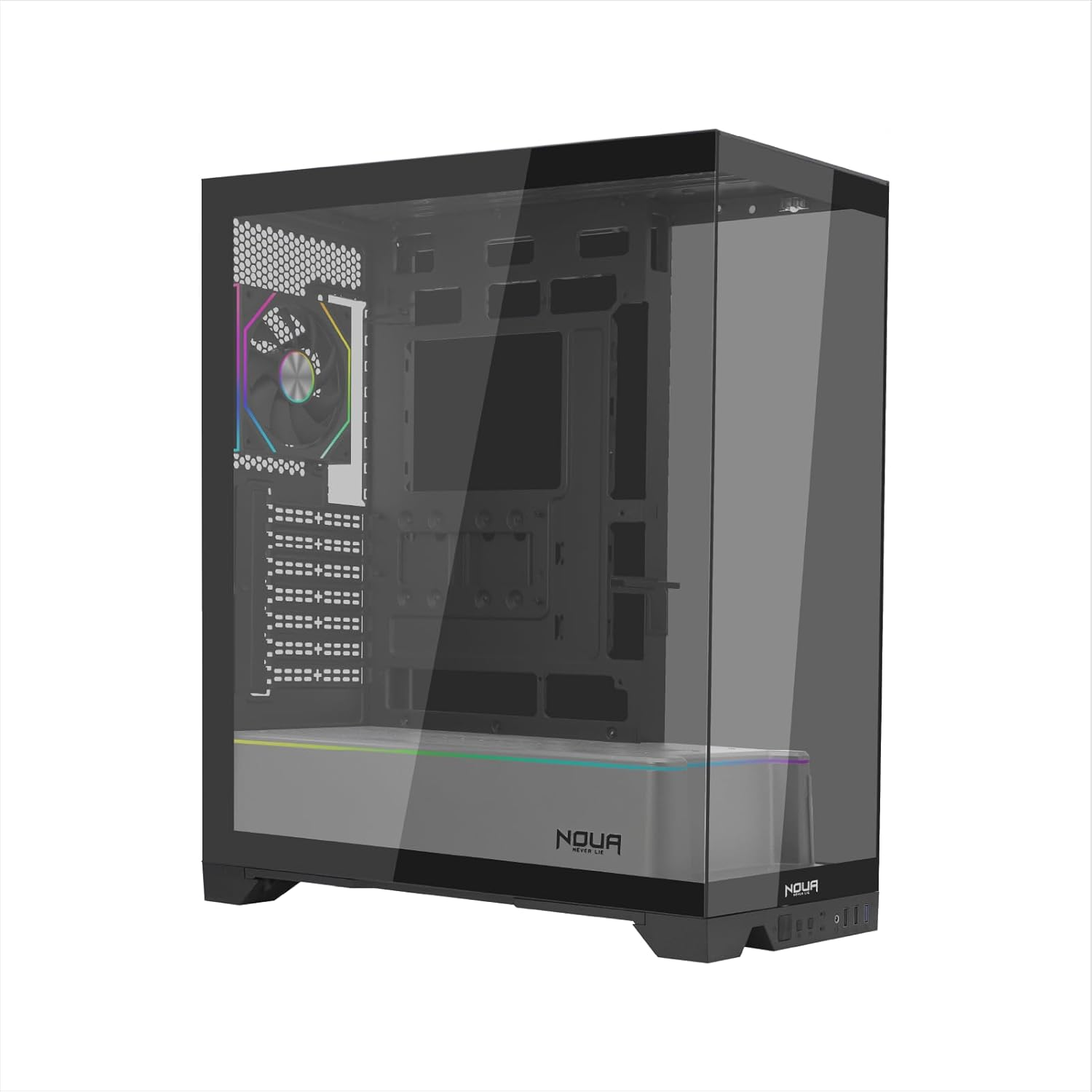Un case per PC nero con pannello laterale trasparente e ventola RGB.