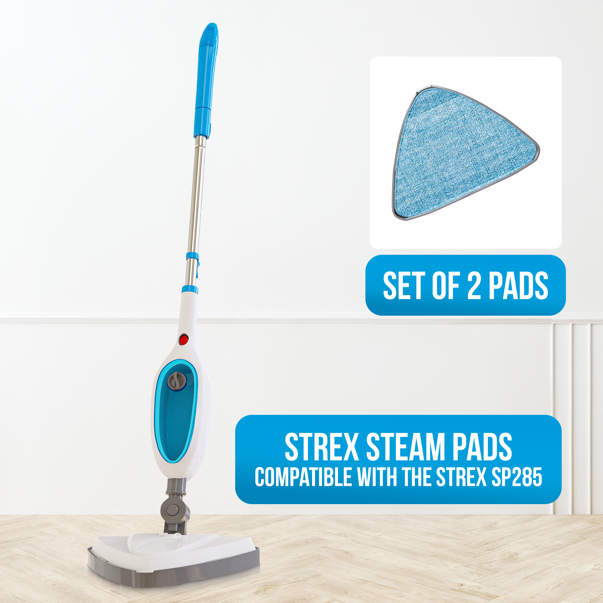 Een stoommop met blauw handvat en een driehoekige blauwe pad.